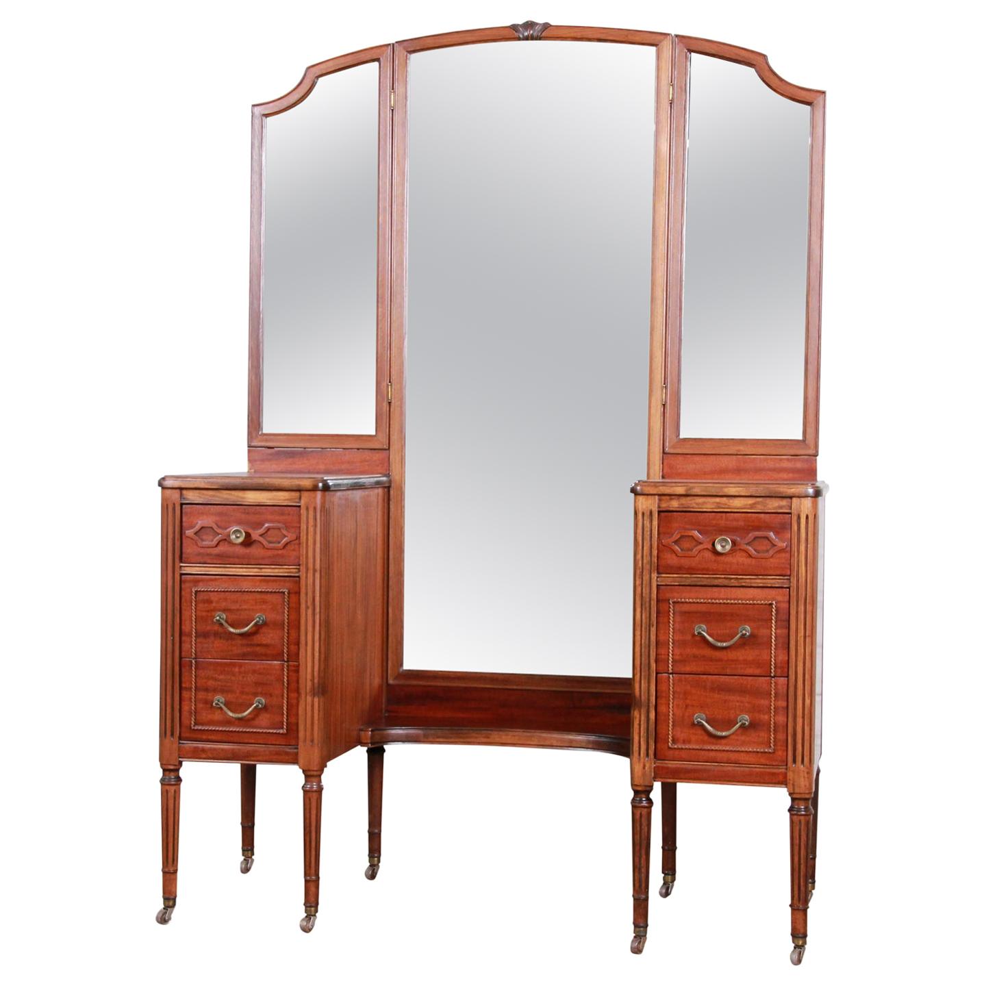 Early Widdicomb Mahogany Vanity Dresser with Tri-Fold Mirror, circa 1920s