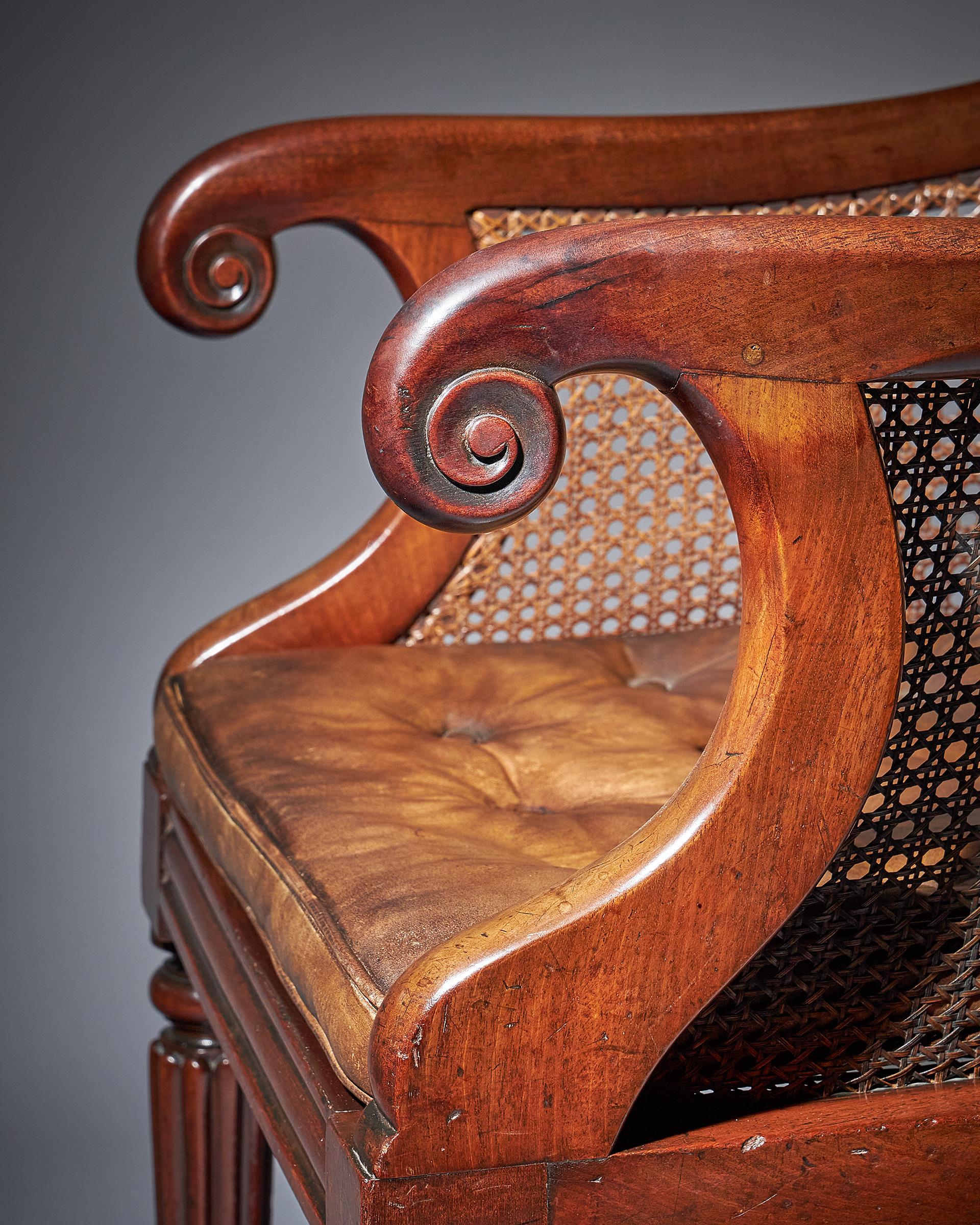 English Early William IV Mahogany Bergère Armchair of Large Scale with Original Leather For Sale