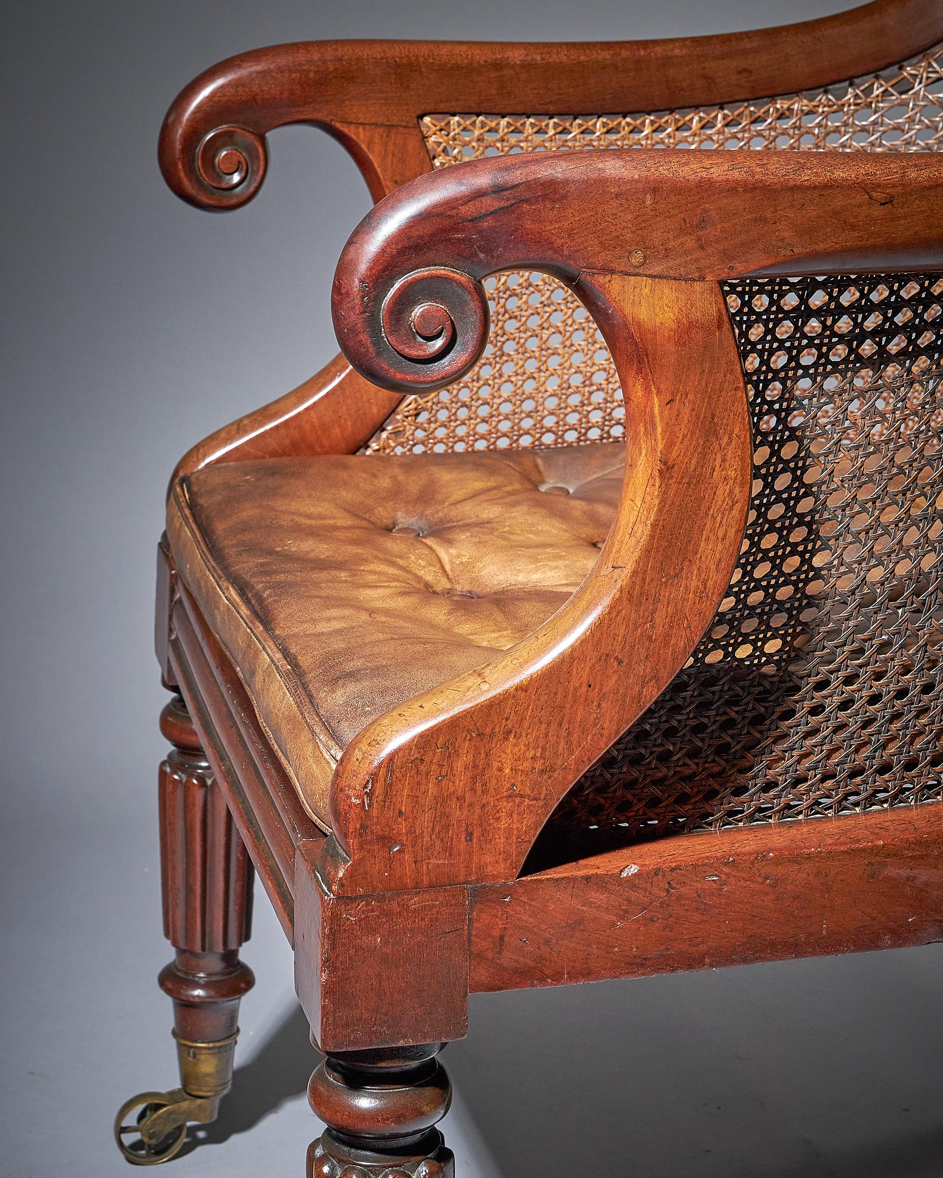 19th Century Early William IV Mahogany Bergère Armchair of Large Scale with Original Leather For Sale
