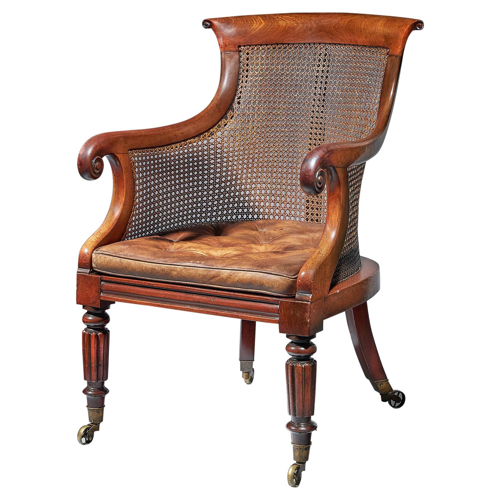 Early William IV Mahogany Bergère Armchair of Large Scale with Original Leather