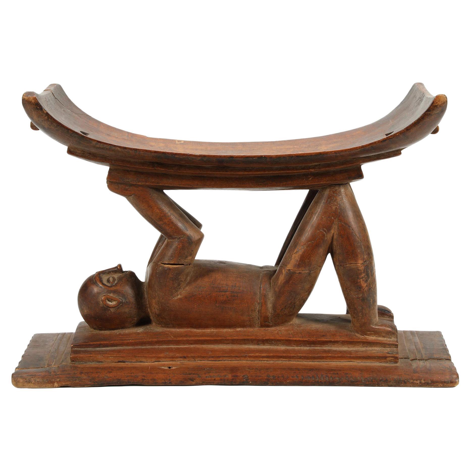 Early Wood Ashanti Stool with Reclining Figure Supporting Top, Mid 20th Century