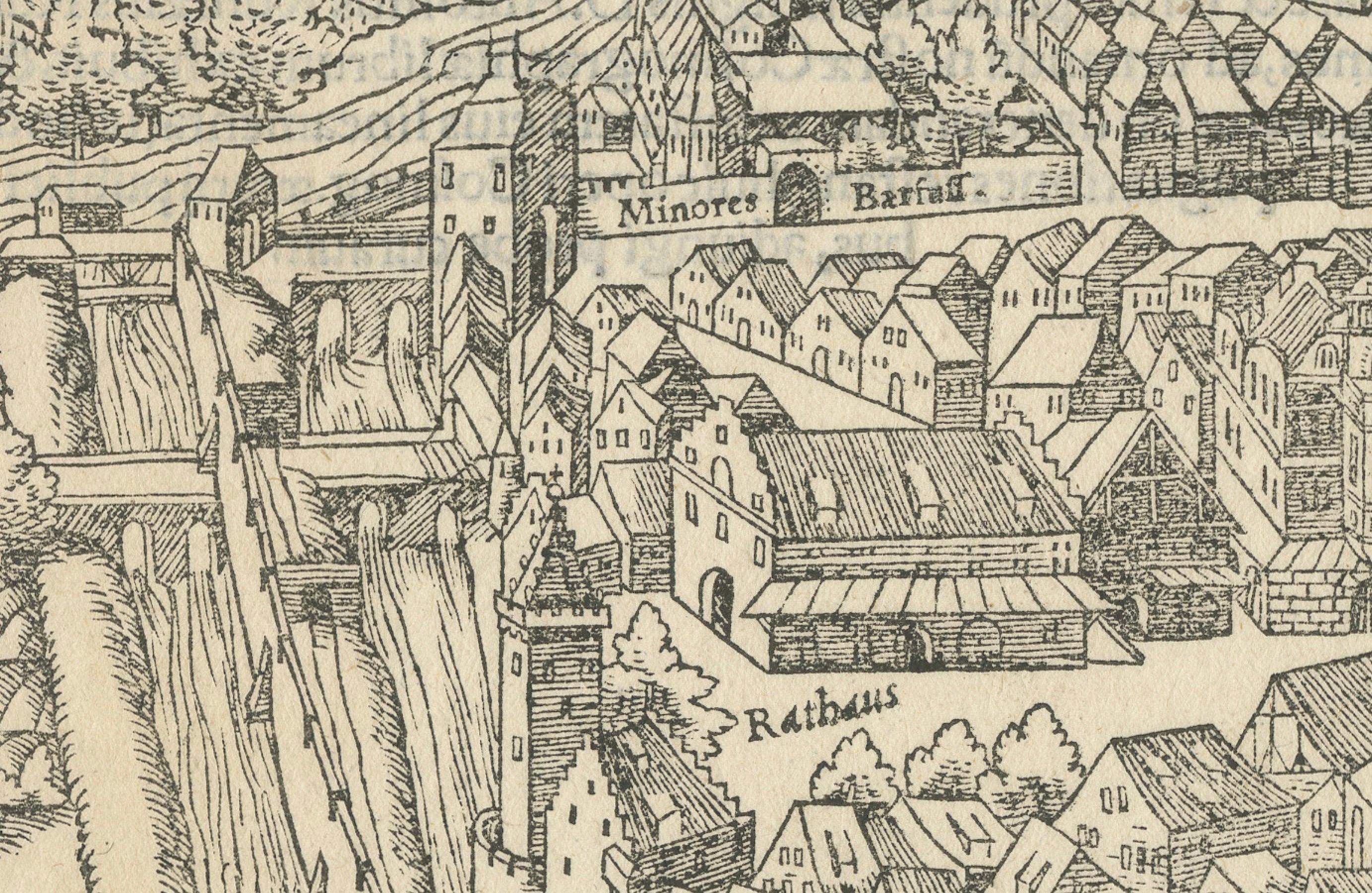 No Early Birds View of Rouffach, Francia, di Sebastian Münster, 1554

Descrizione: Questa rara xilografia del 1554 è una veduta a volo d'uccello di Rouffach, una città del dipartimento dell'Haut-Rhin, nella regione del Grand Est, nel nord-est della