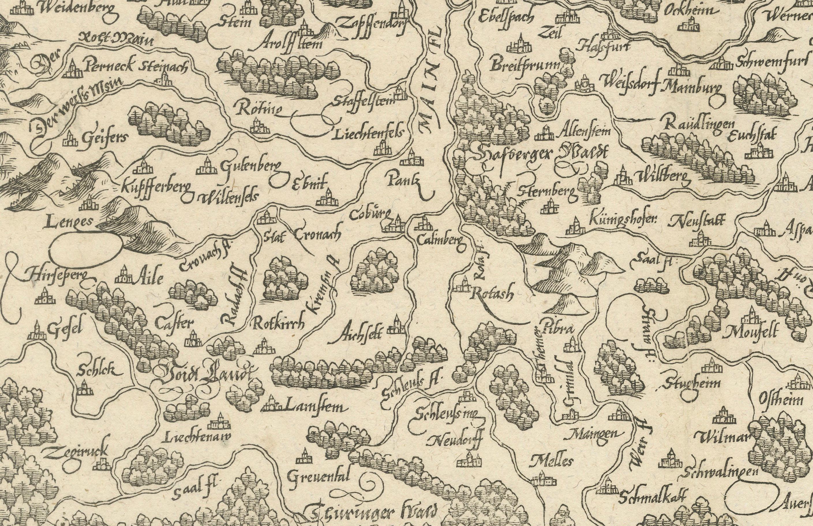 Titre : Carte ancienne gravée sur bois de la Franconie et des régions environnantes, 1628

La Franconie (Franckenlande) est une région d'Allemagne. Historiquement, la Franconie était une partie importante du Saint Empire romain germanique. Elle est