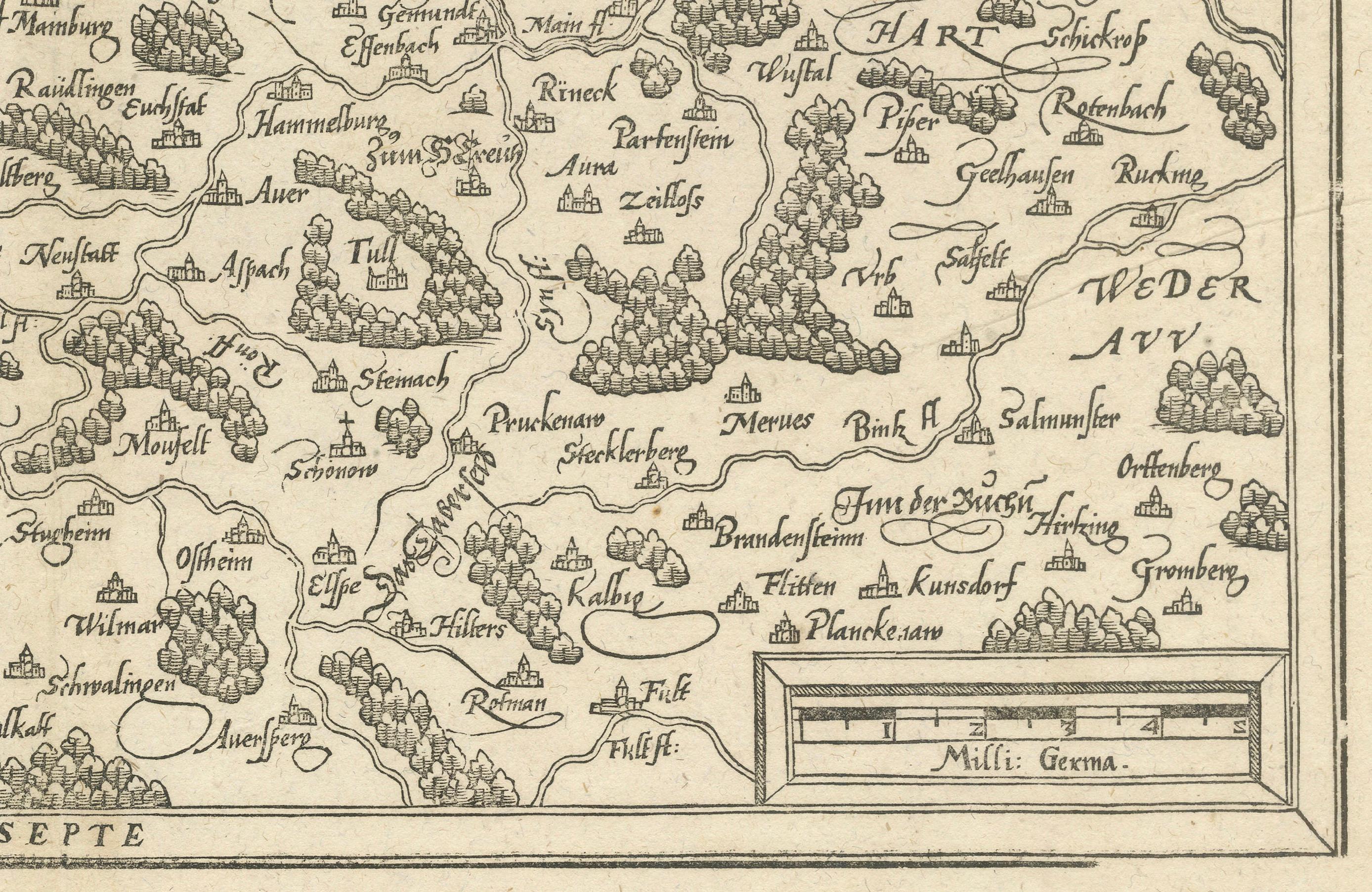 Gravé Carte ancienne de Franconie et des régions qui l'entourent, 1628 en vente