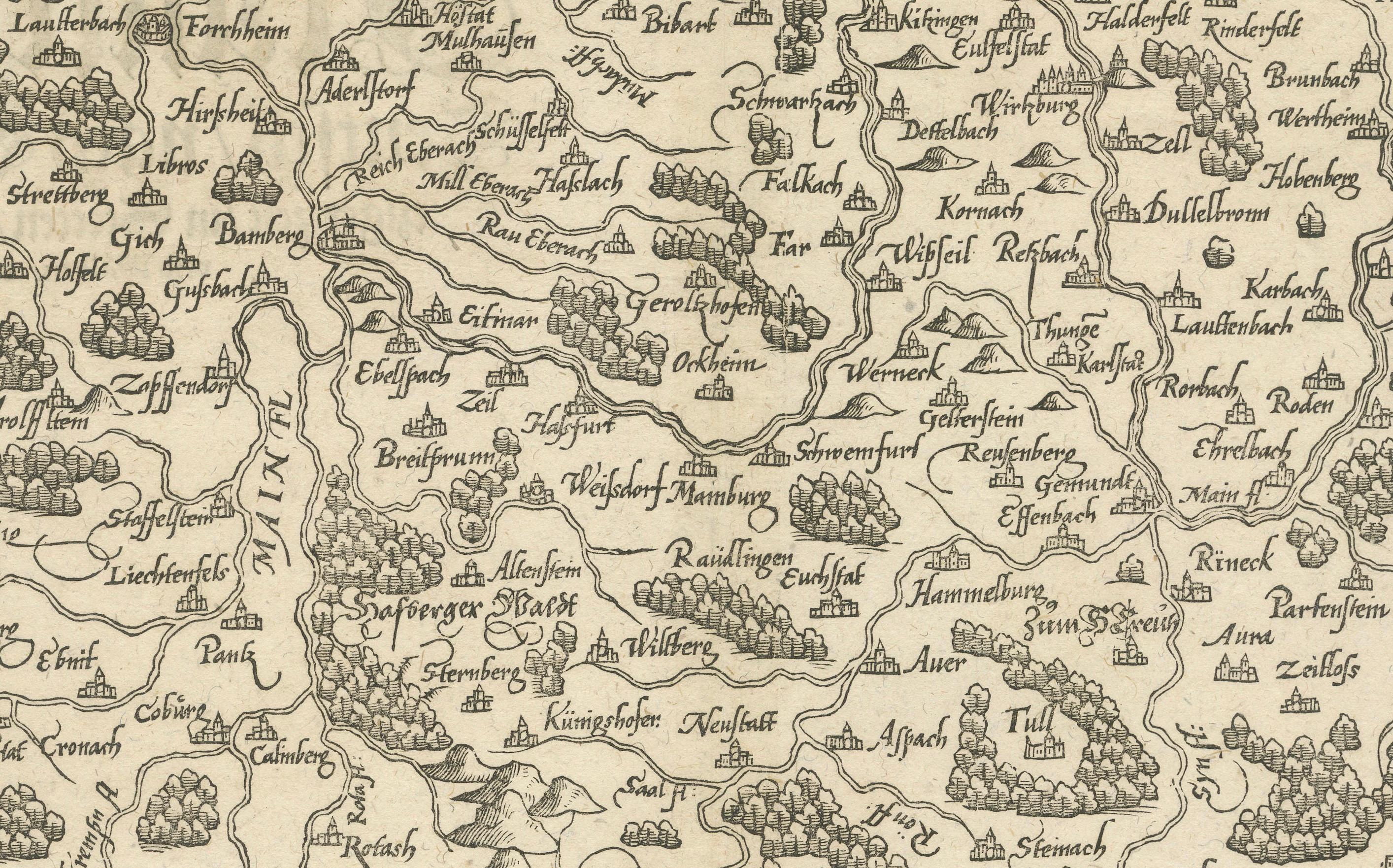 Carte ancienne de Franconie et des régions qui l'entourent, 1628 Bon état - En vente à Langweer, NL