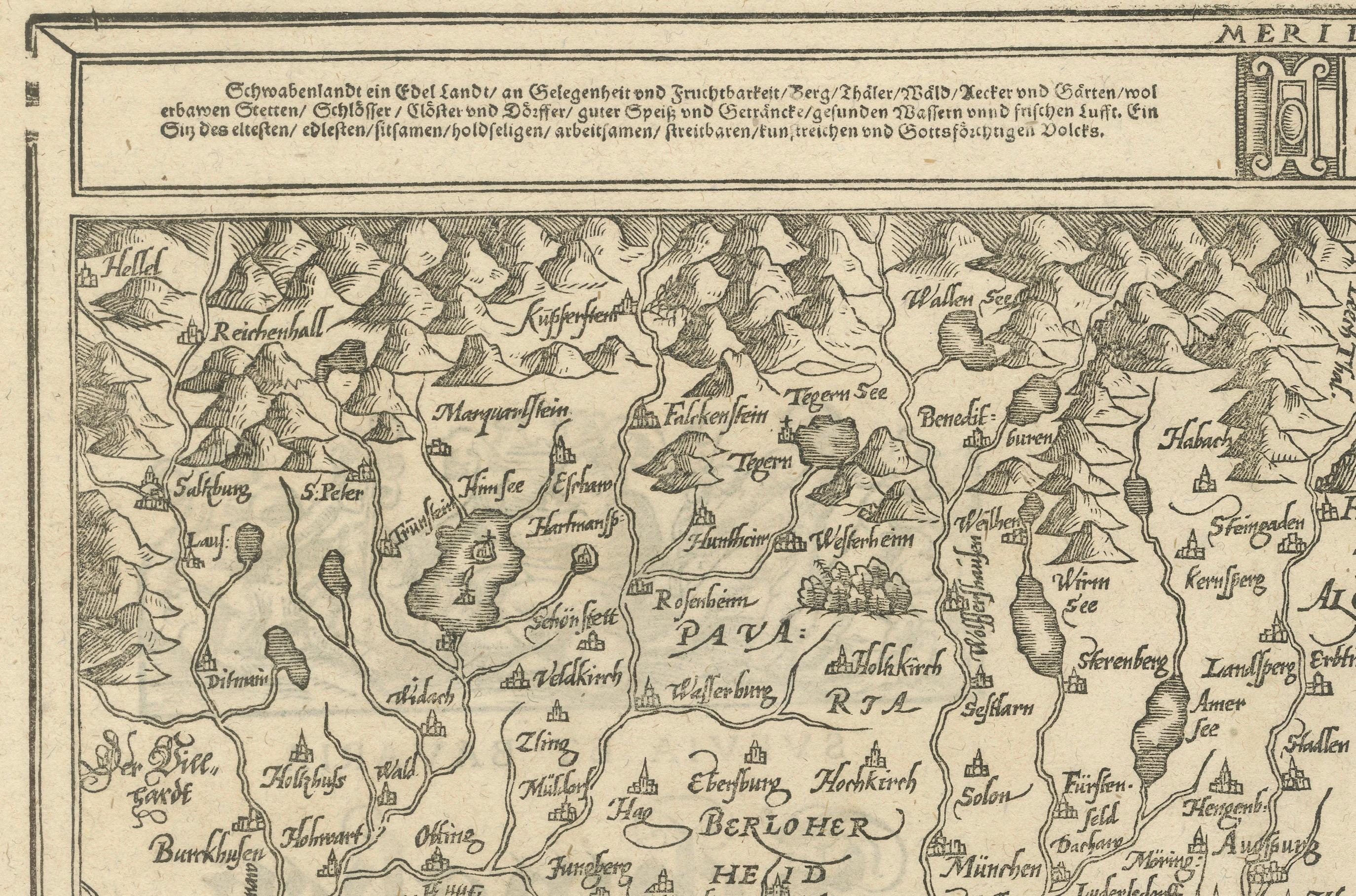 Frühe Holzschnittkarte von Swabia und Bayern in Deutschland, 1628 im Zustand „Gut“ im Angebot in Langweer, NL