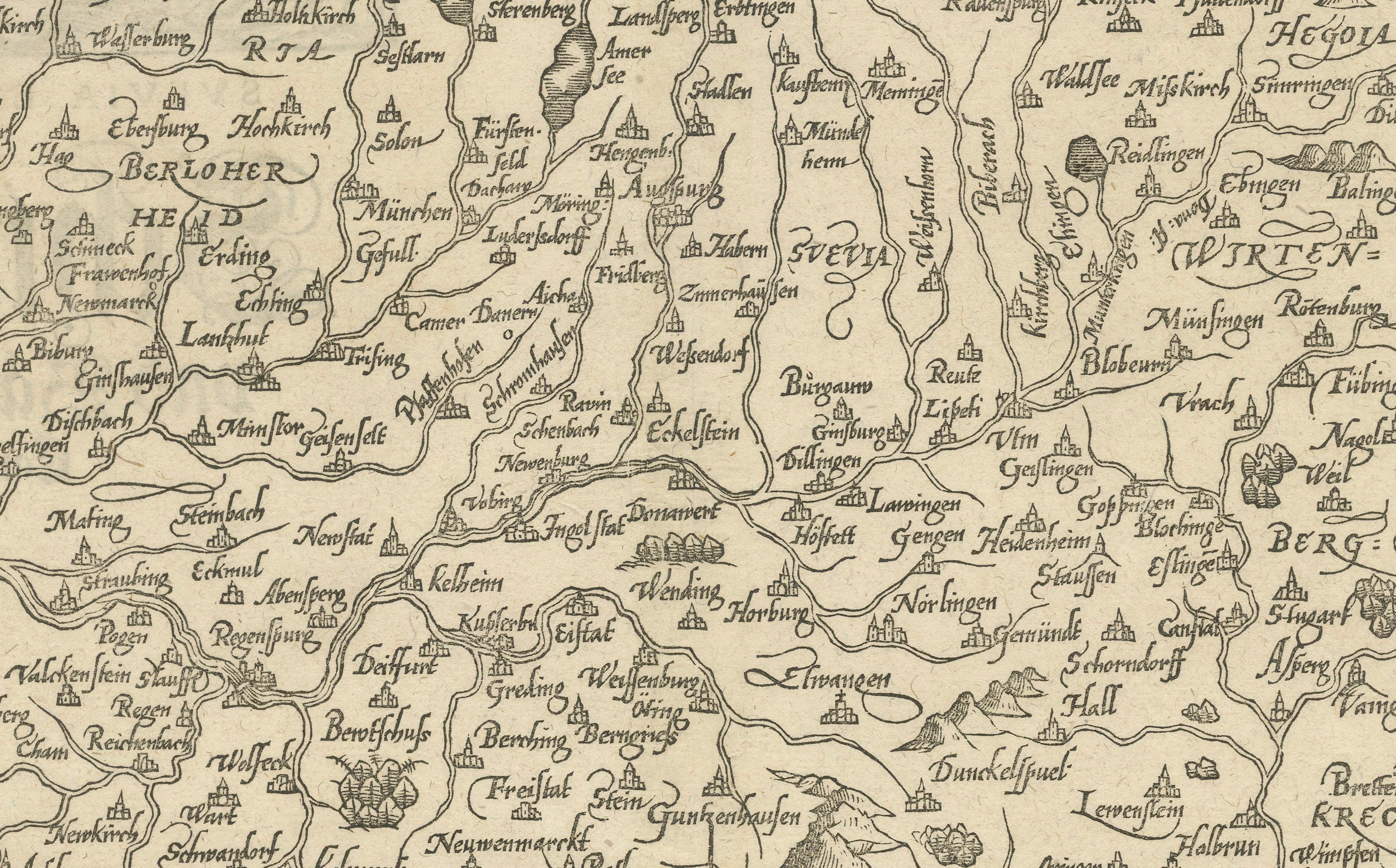 Frühe Holzschnittkarte von Swabia und Bayern in Deutschland, 1628 (Anfang des 17. Jahrhunderts) im Angebot