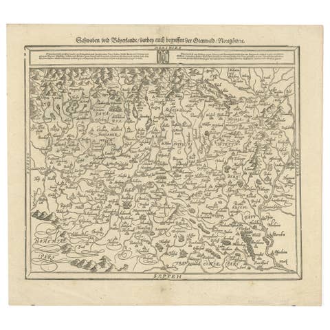 Early Woodcut Map of Swabia and Bavaria in Germany, 1628