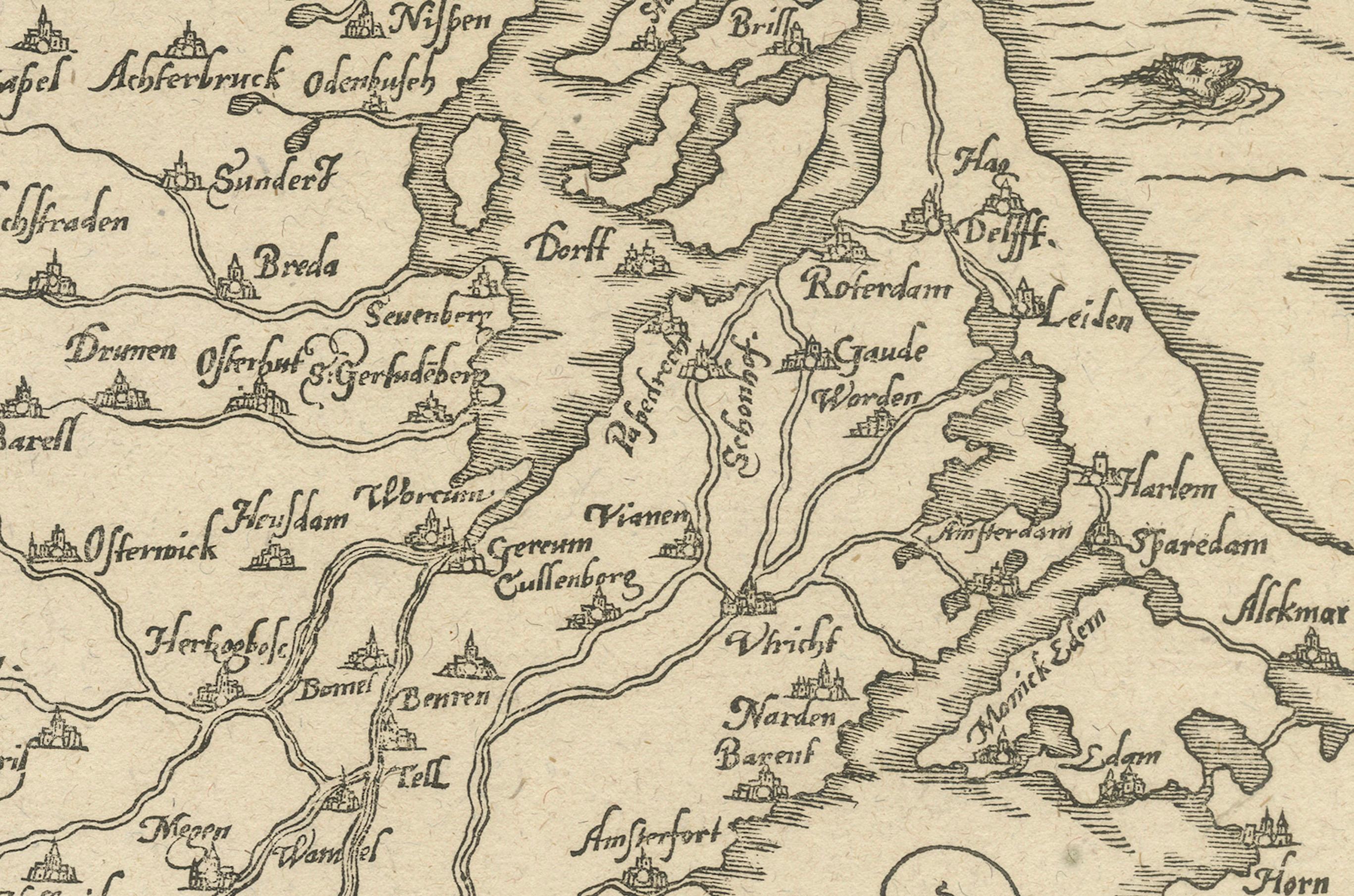 Inizio XVII secolo Carta xilografica della regione del fiume Reno in Germania e Olanda, 1628 circa in vendita