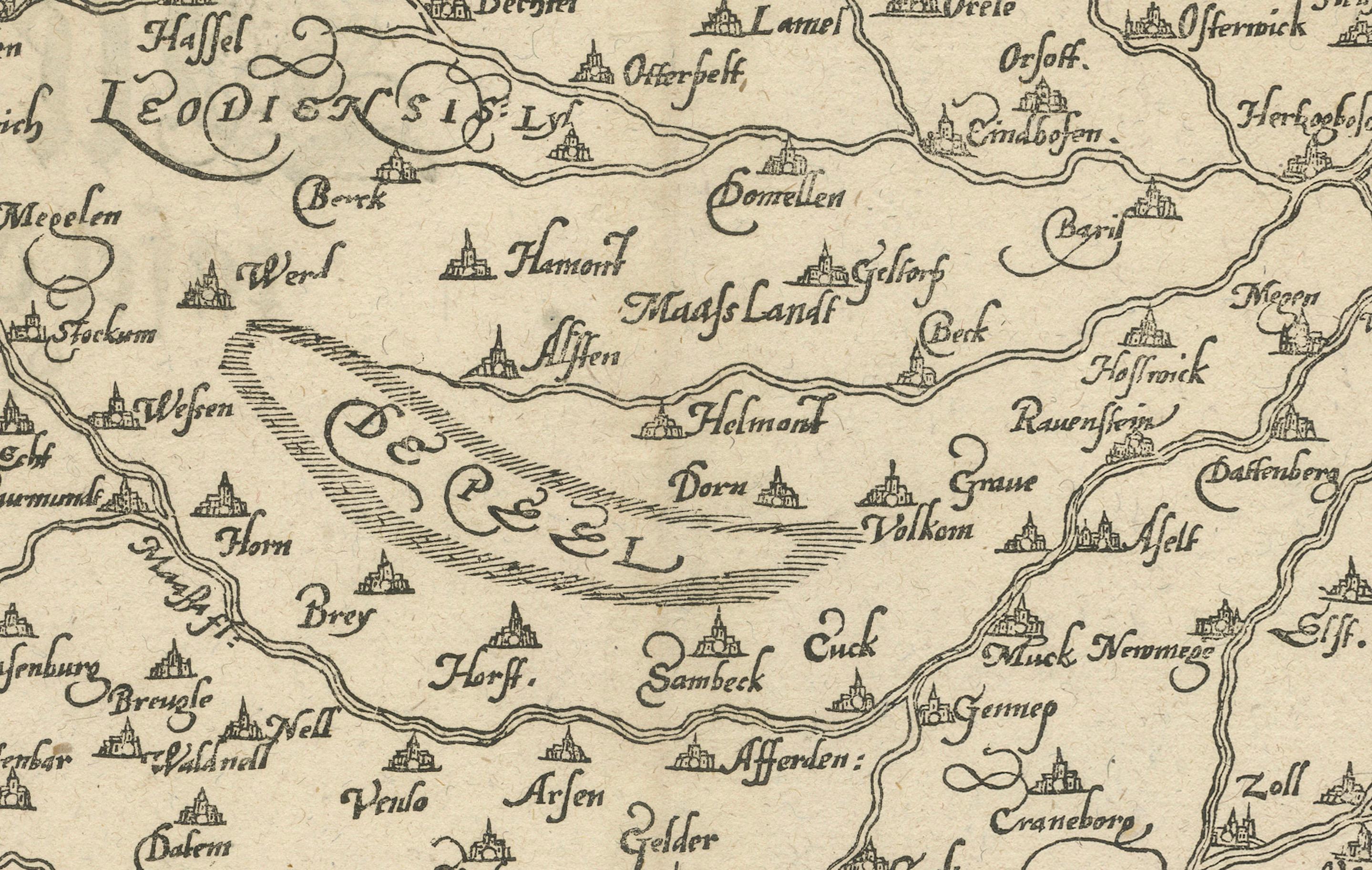 Carta xilografica della regione del fiume Reno in Germania e Olanda, 1628 circa in vendita 1