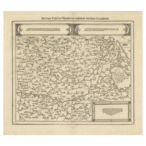 Early Woodcut Map of the Rhine River Region in Germany and Holland, circa 1628