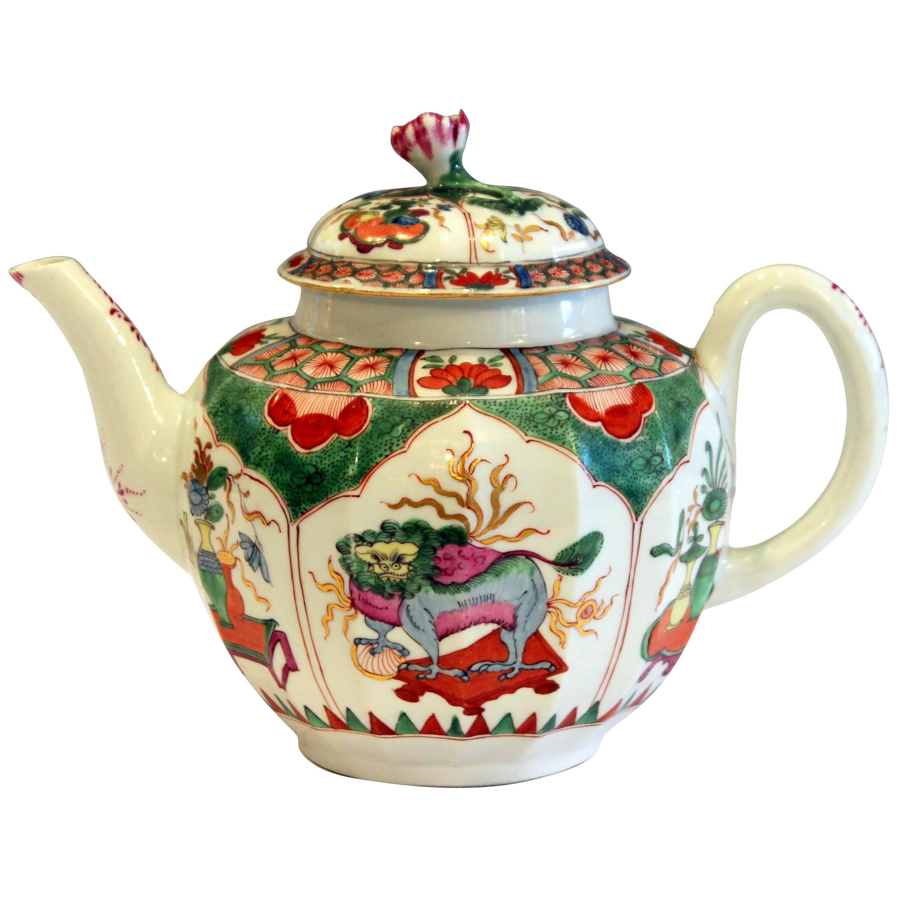 Early Worcester Porcelain Teapot Dragons in Compartments Kylin Bengal Tiger Mark