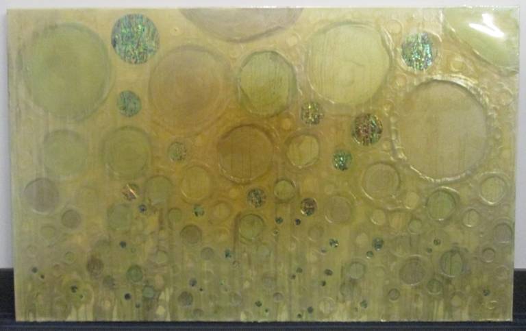 Early work of Sylvia Hommert 2002 LA #501 untitled painting. Oil, beeswax, paua shell, and resin on canvas. Signed lower right.
