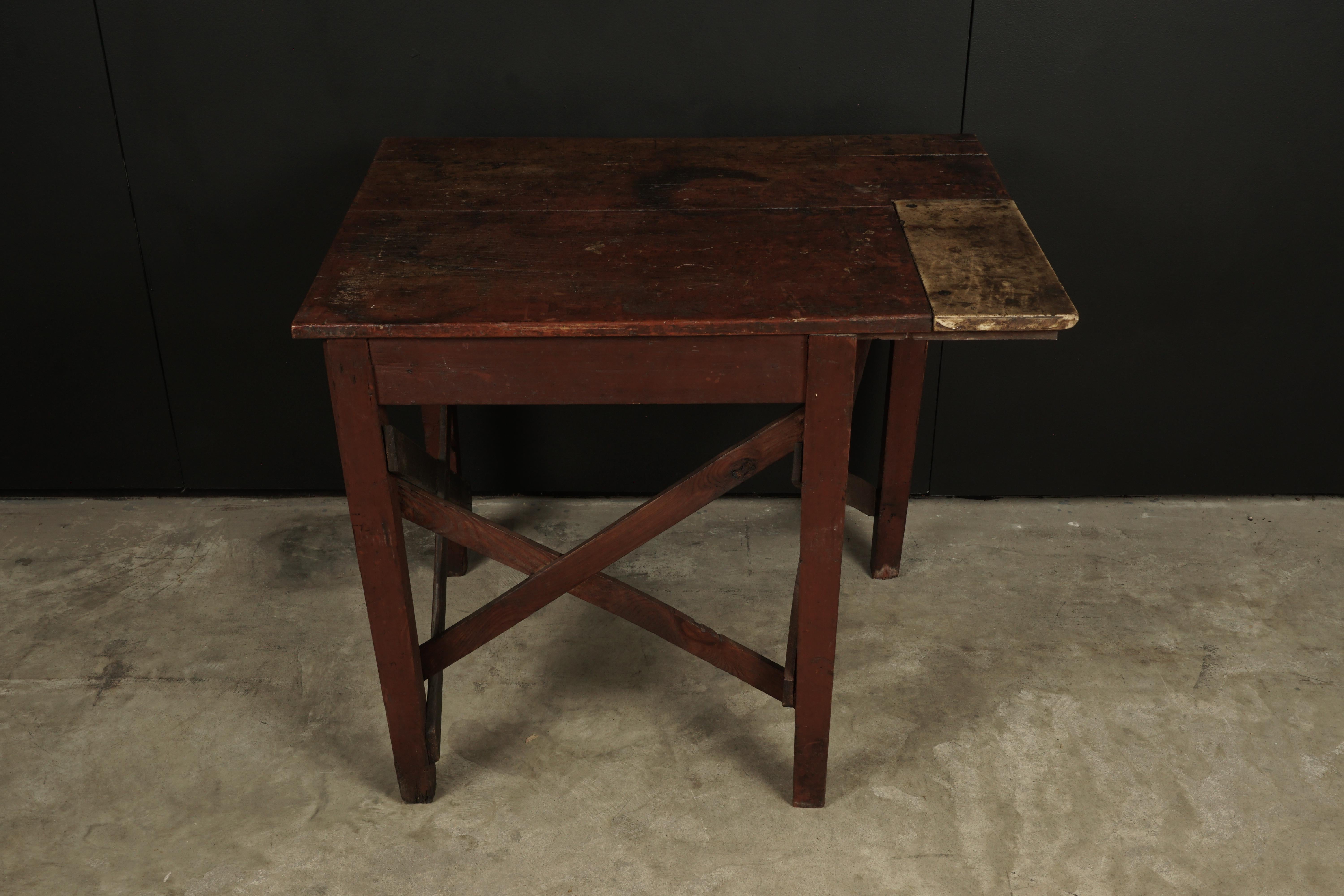 Early work table from a leather factory, France, 1950s. Nice original patina and wear.