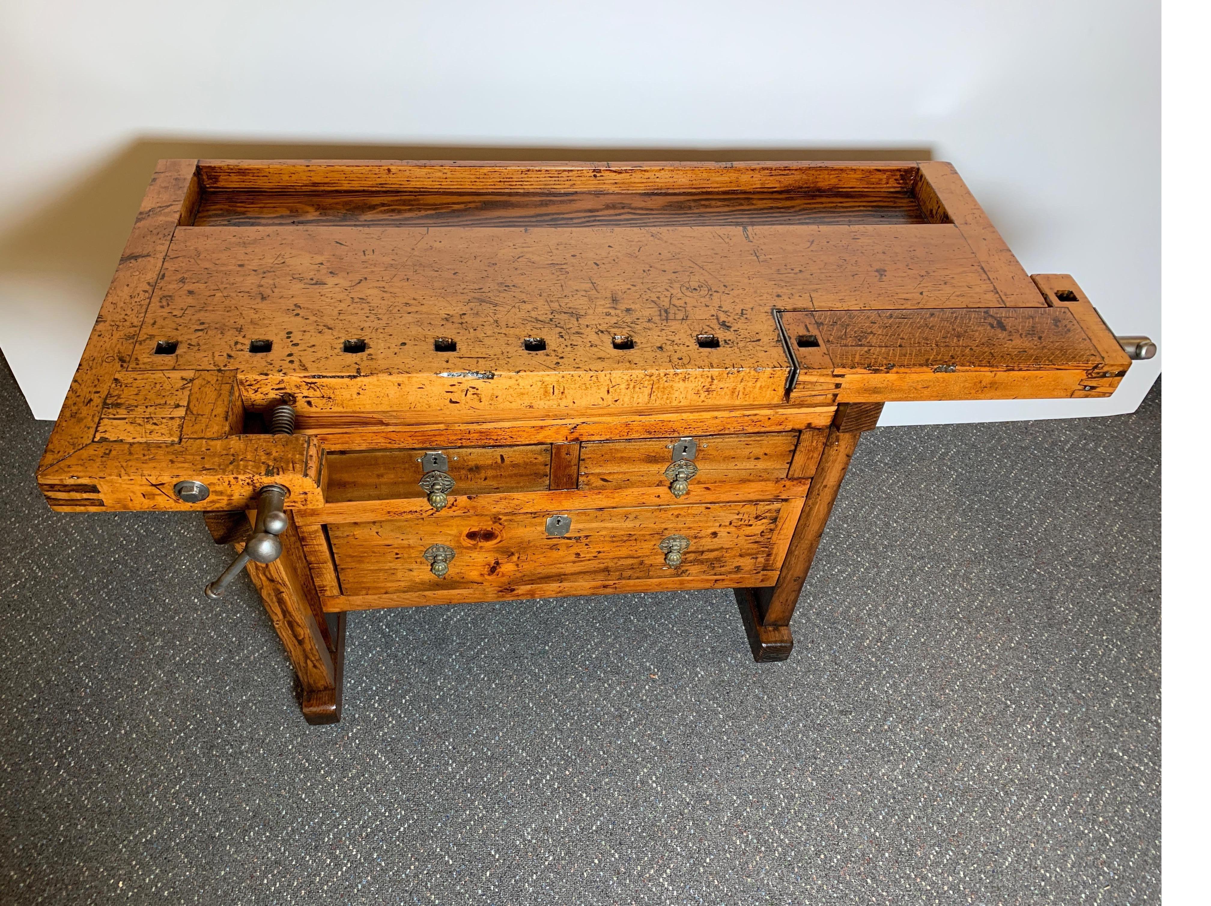 Early 20th Century Workbench with Three Drawers In Excellent Condition In Lambertville, NJ