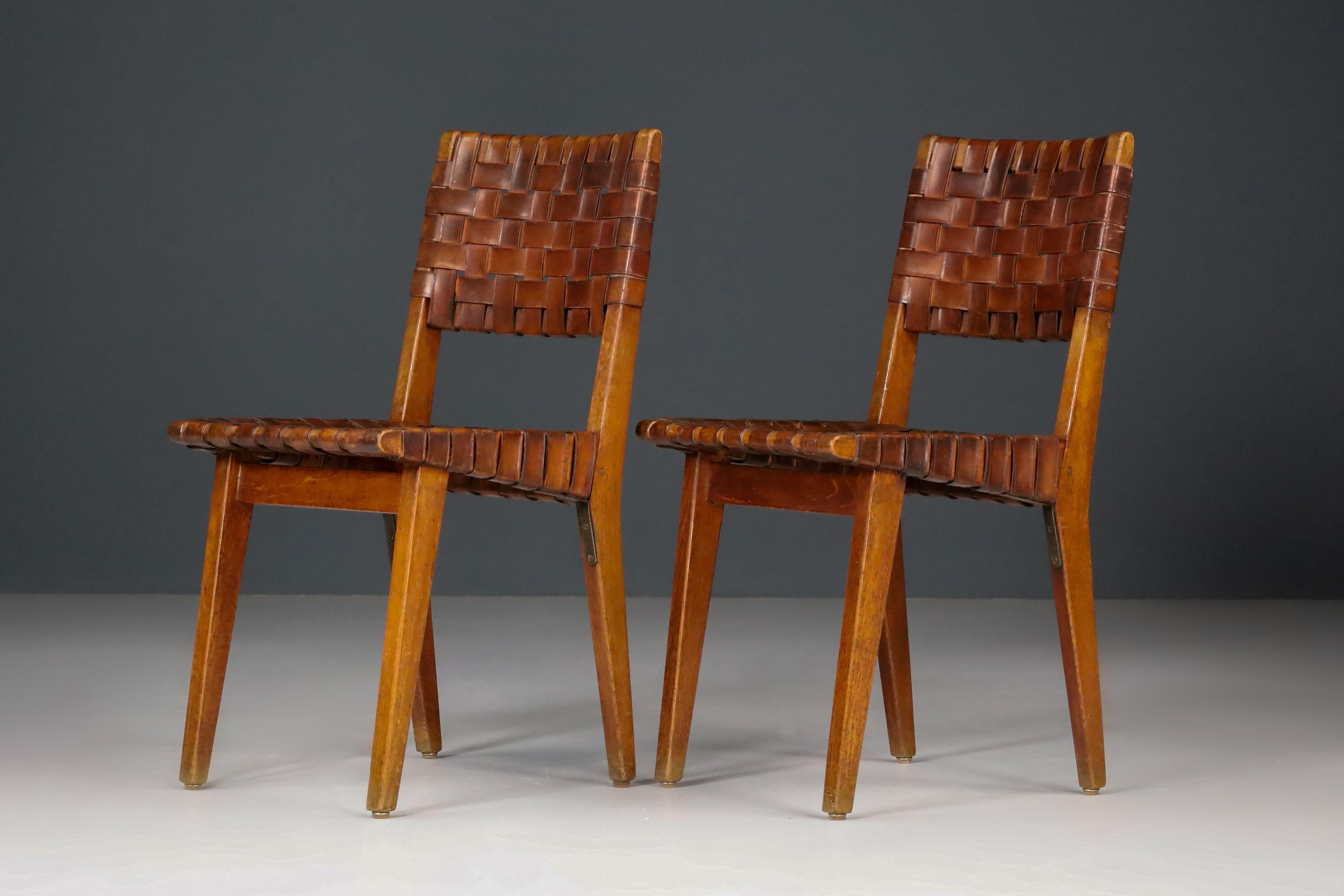 Early Woven Leather Side Chairs Model No. 666 by Jens Risom for Knoll, 1940s 5
