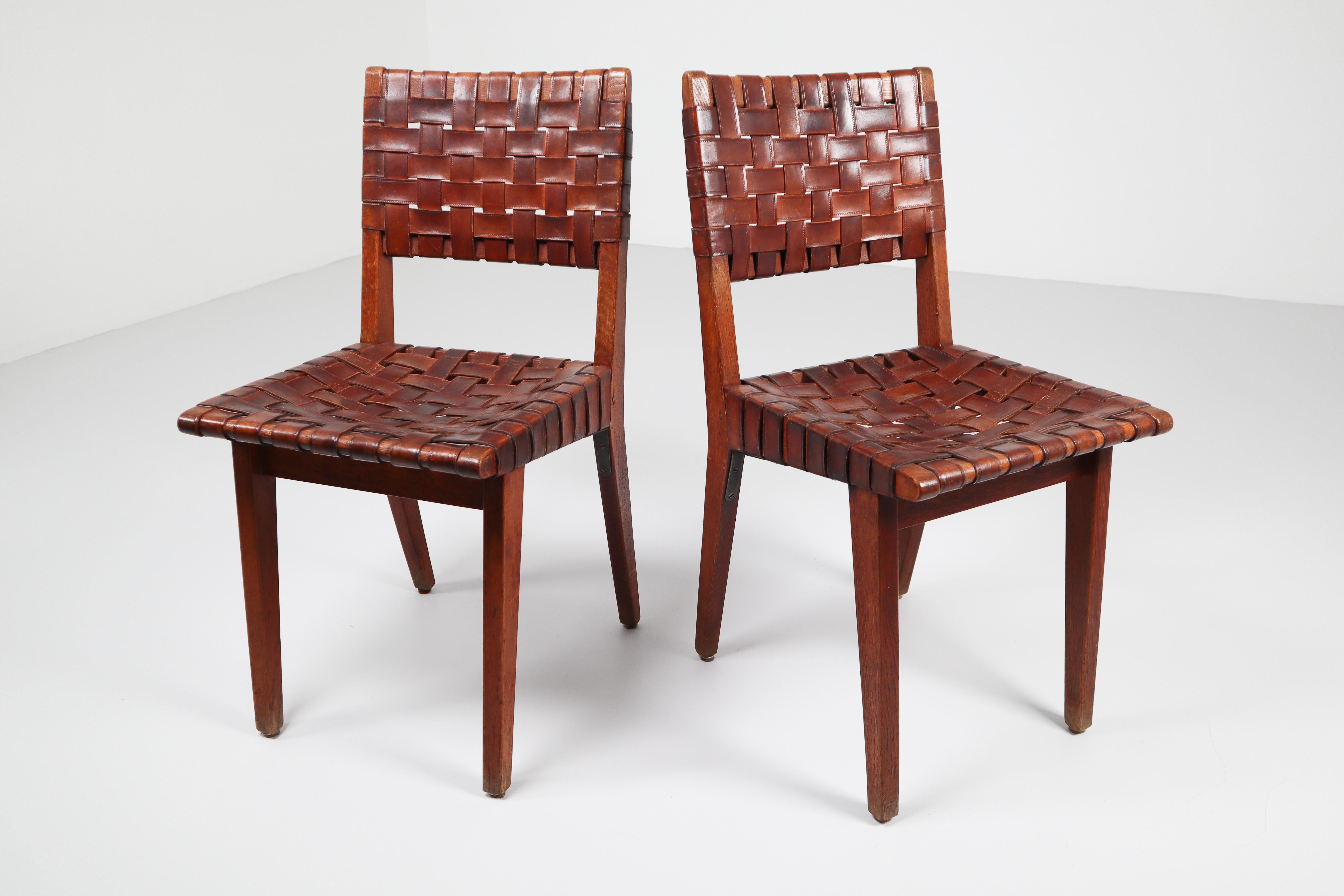 Early Woven Leather Side Chairs Model No. 666 by Jens Risom for Knoll, 1940s 10