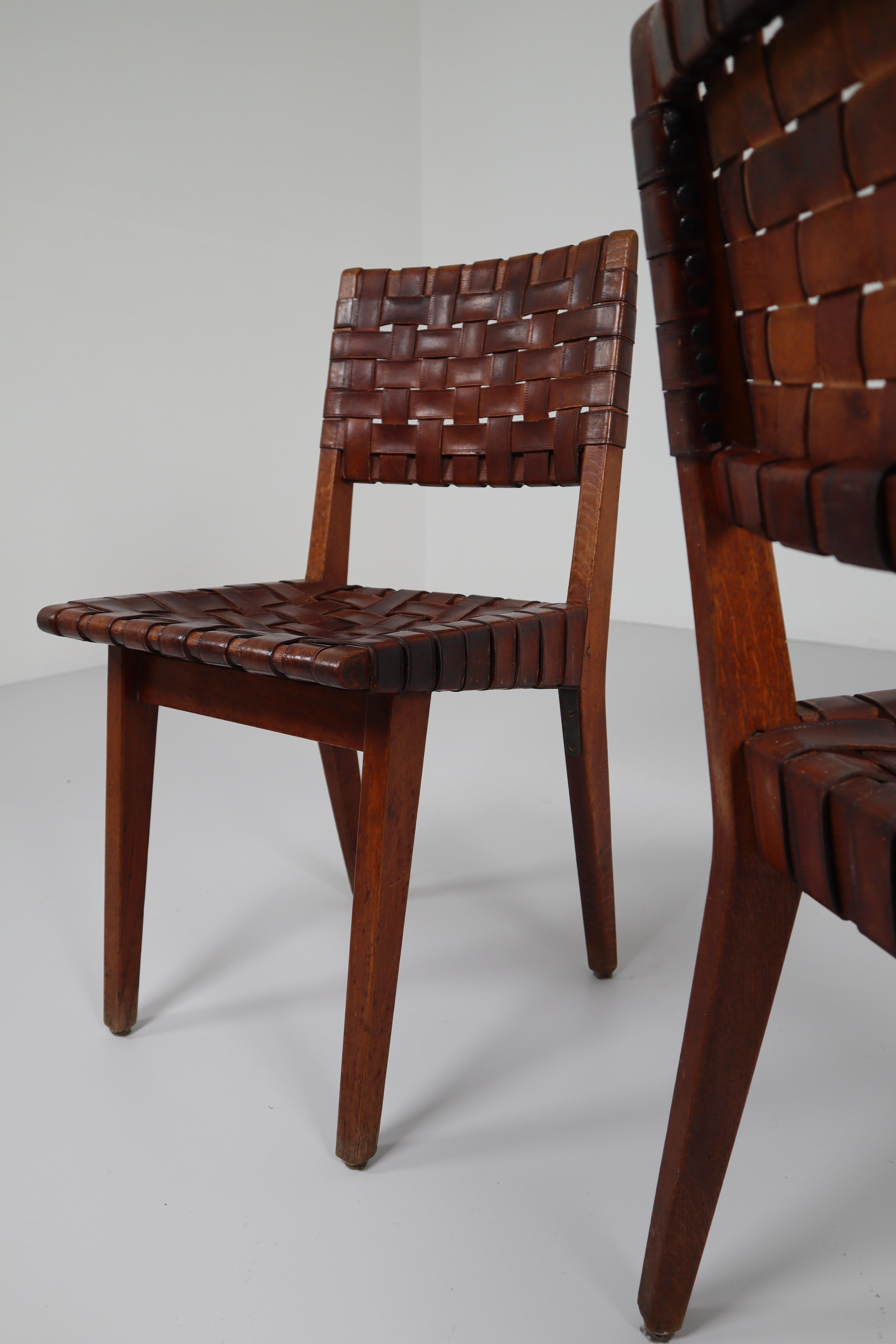 Early Woven Leather Side Chairs Model No. 666 by Jens Risom for Knoll, 1940s 11