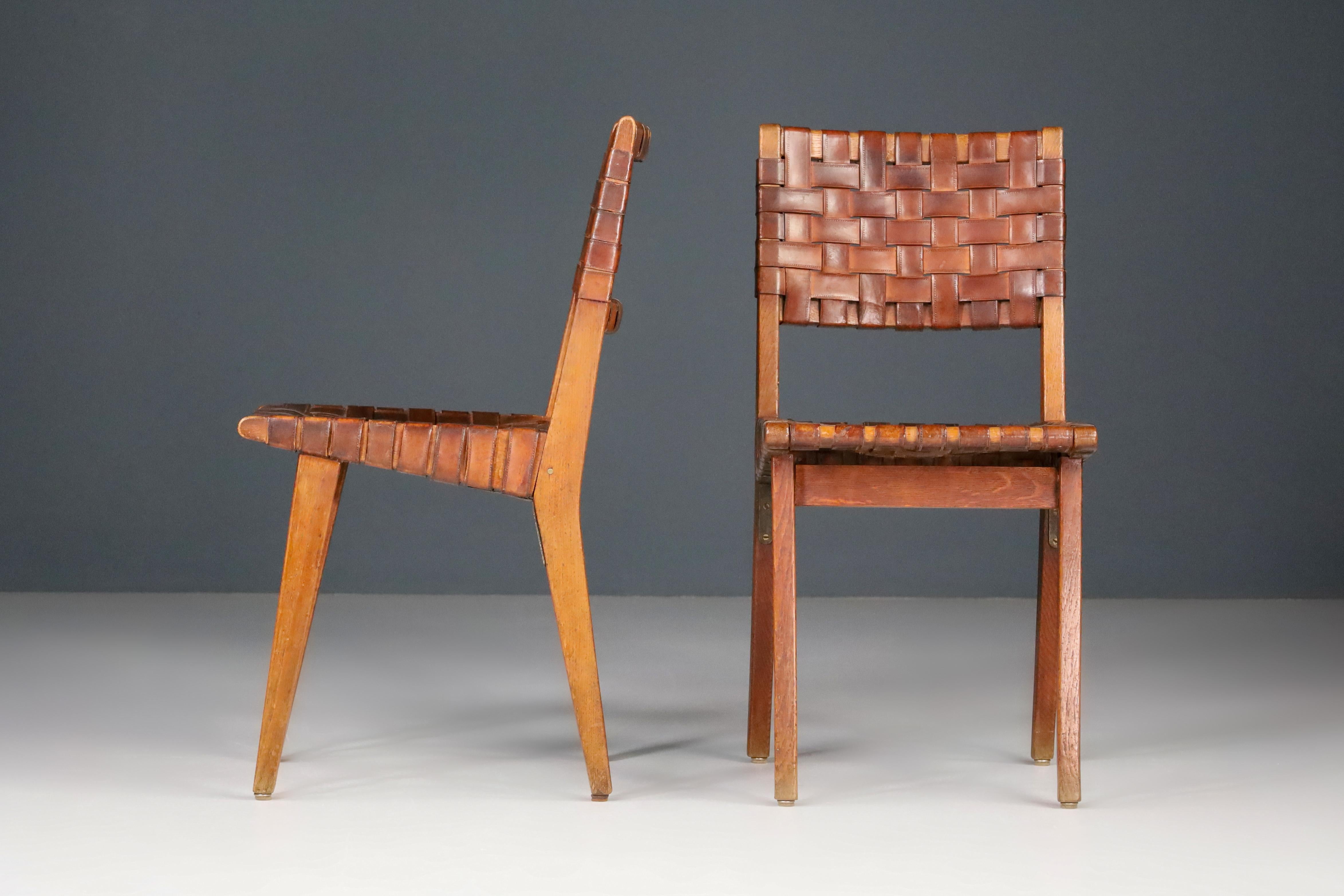 Early Woven Leather Side Chairs Model No. 666 by Jens Risom for Knoll, 1940s 12