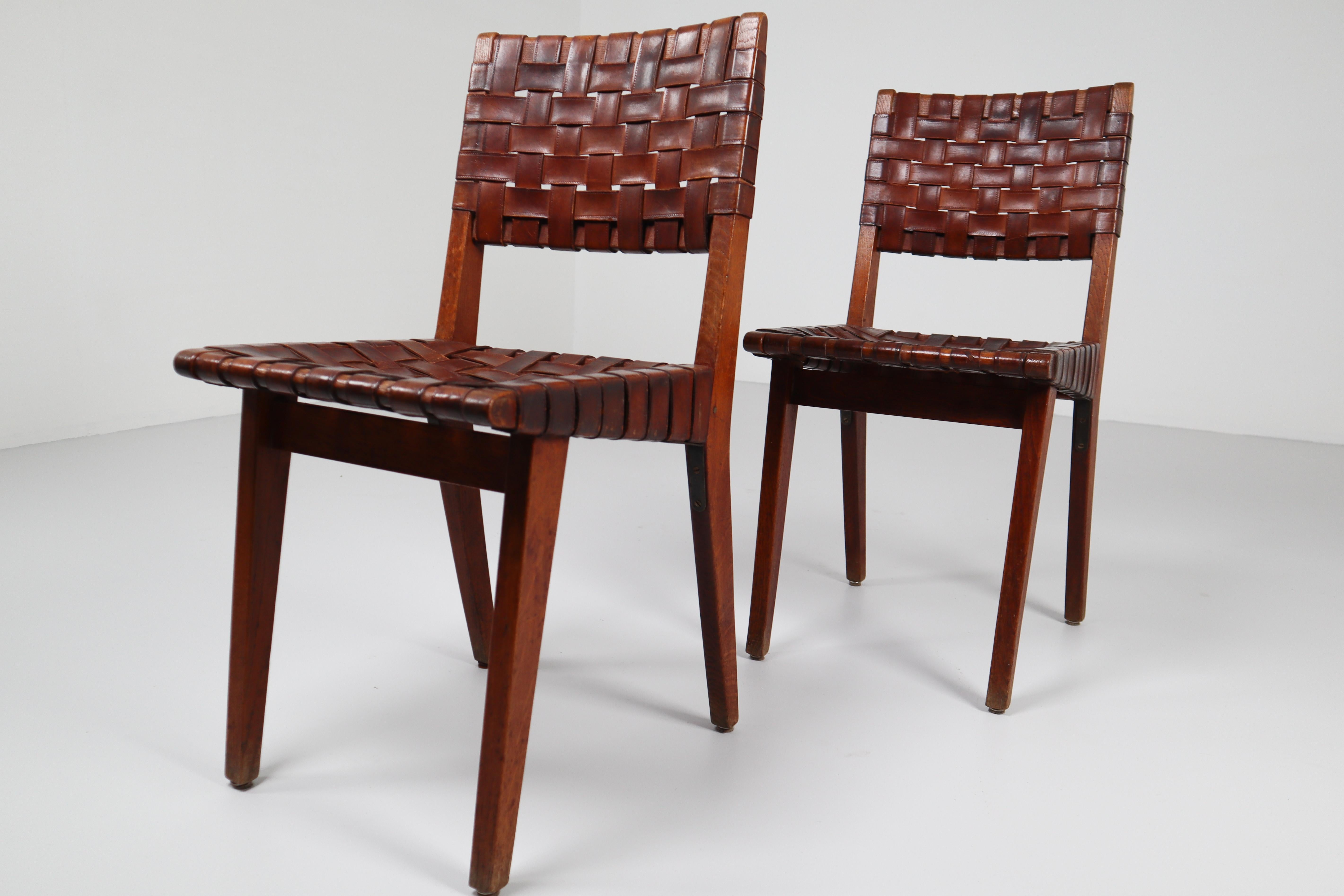 Early Woven Leather Side Chairs Model No. 666 by Jens Risom for Knoll, 1940s 12