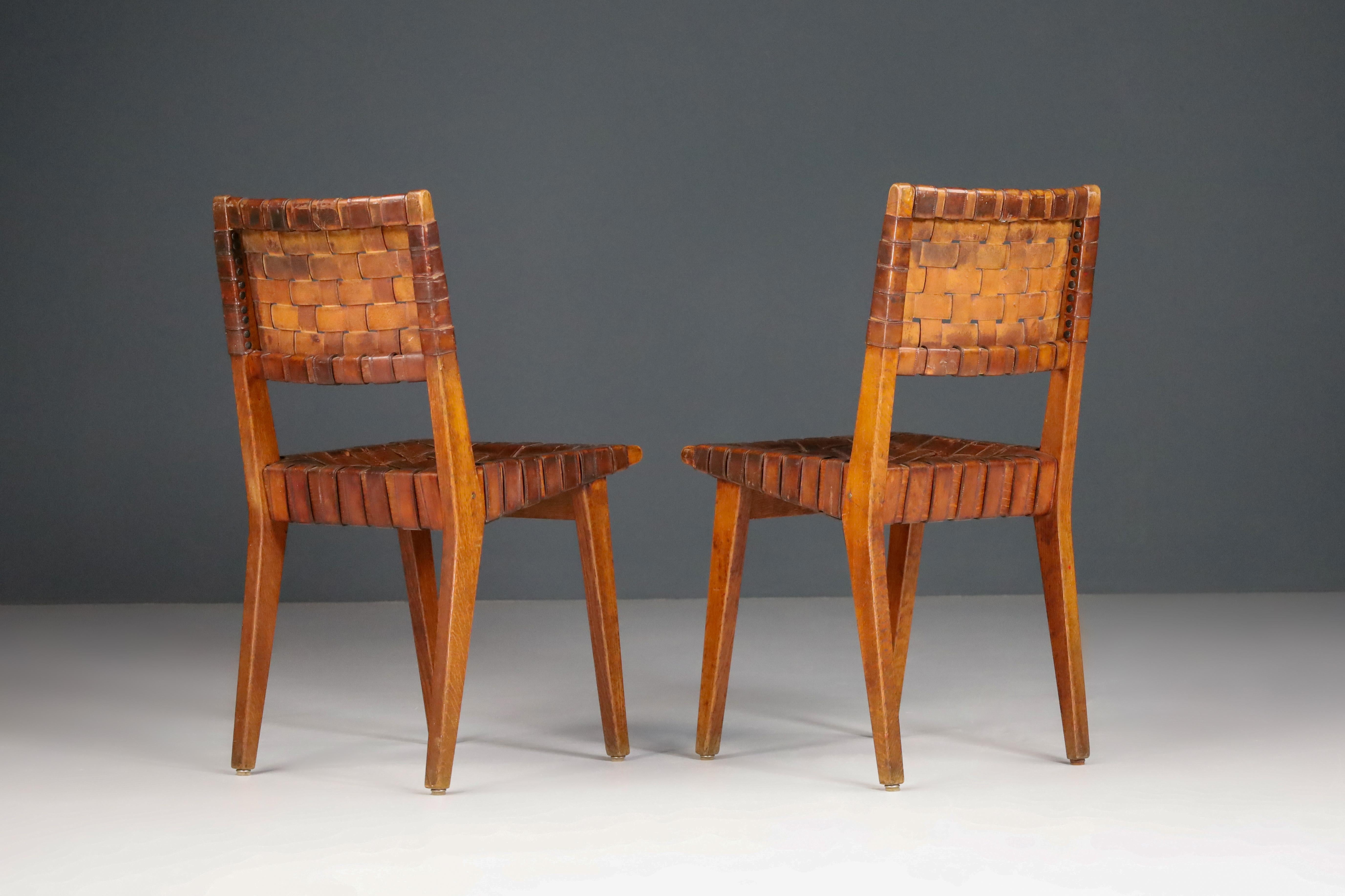 American Early Woven Leather Side Chairs Model No. 666 by Jens Risom for Knoll, 1940s