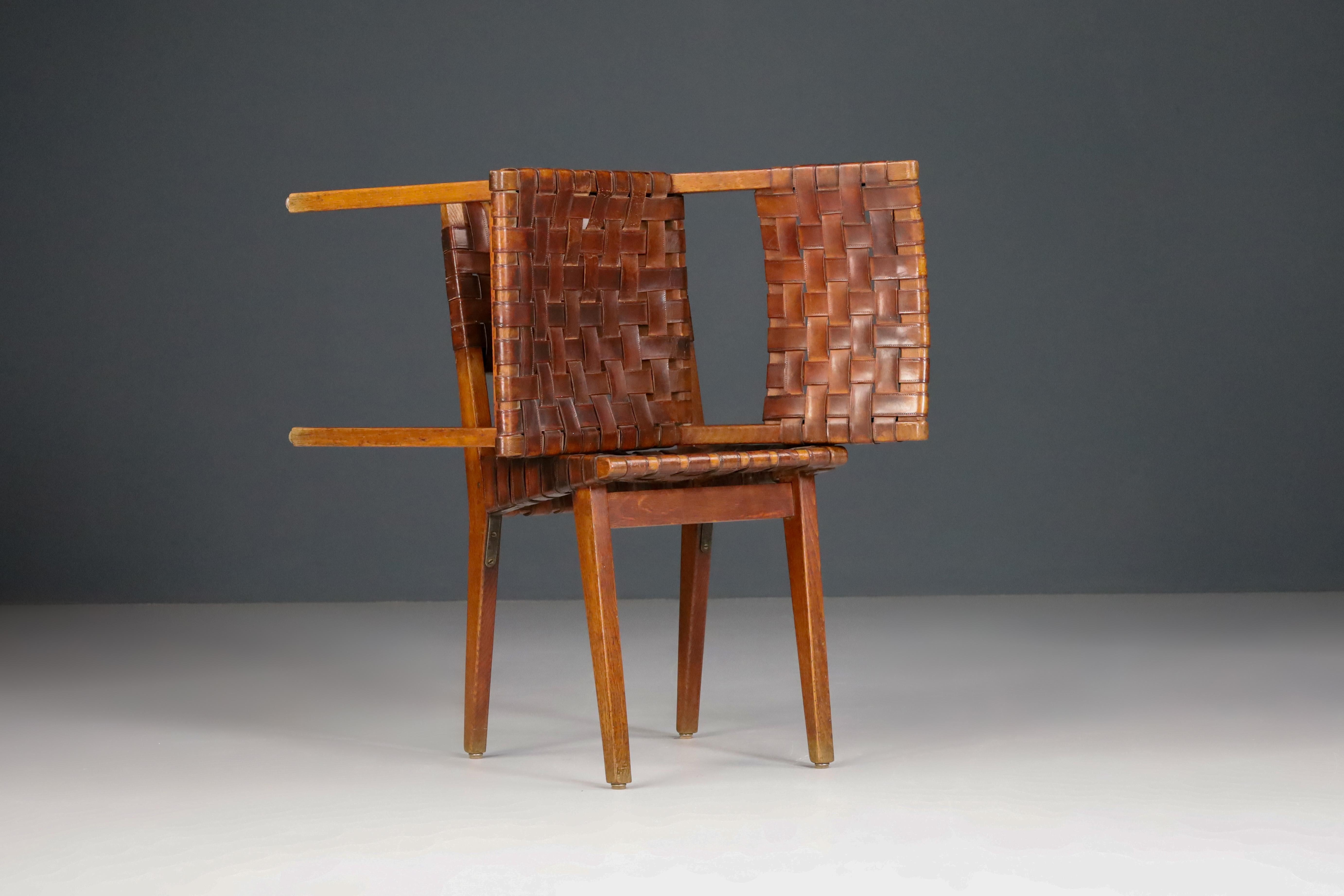 Early Woven Leather Side Chairs Model No. 666 by Jens Risom for Knoll, 1940s In Good Condition In Almelo, NL