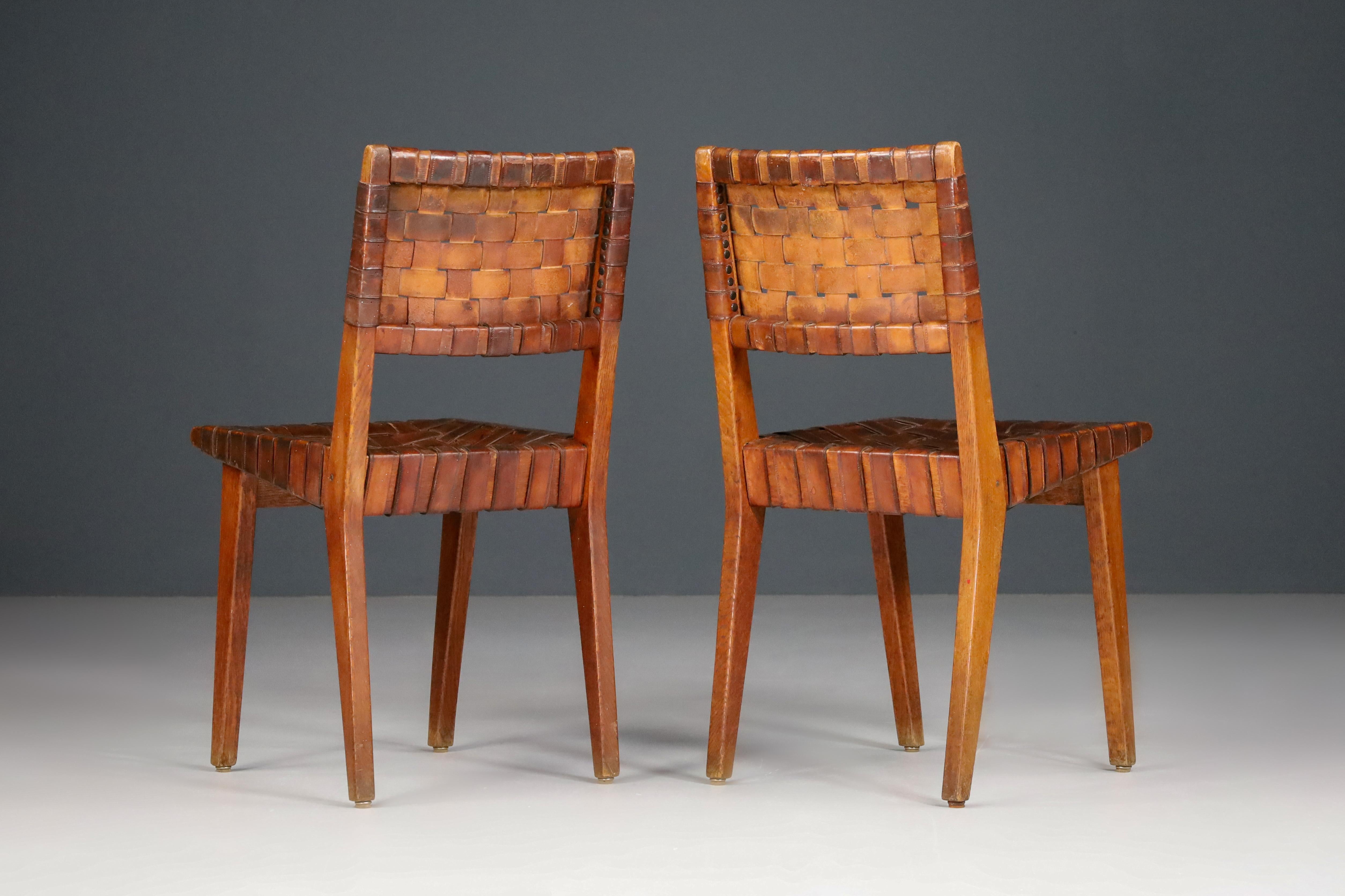 Mid-20th Century Early Woven Leather Side Chairs Model No. 666 by Jens Risom for Knoll, 1940s