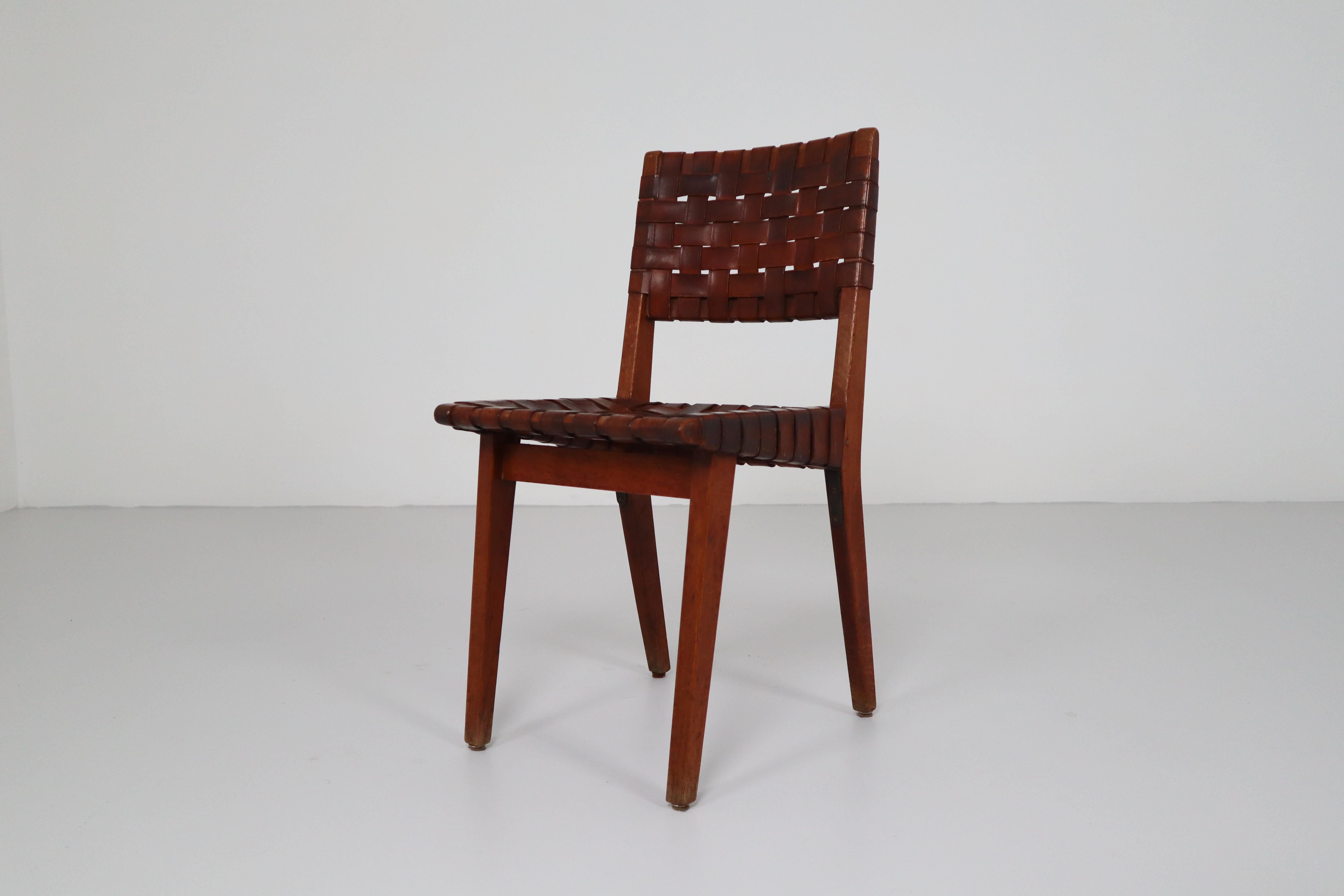 Oak Early Woven Leather Side Chairs Model No. 666 by Jens Risom for Knoll, 1940s
