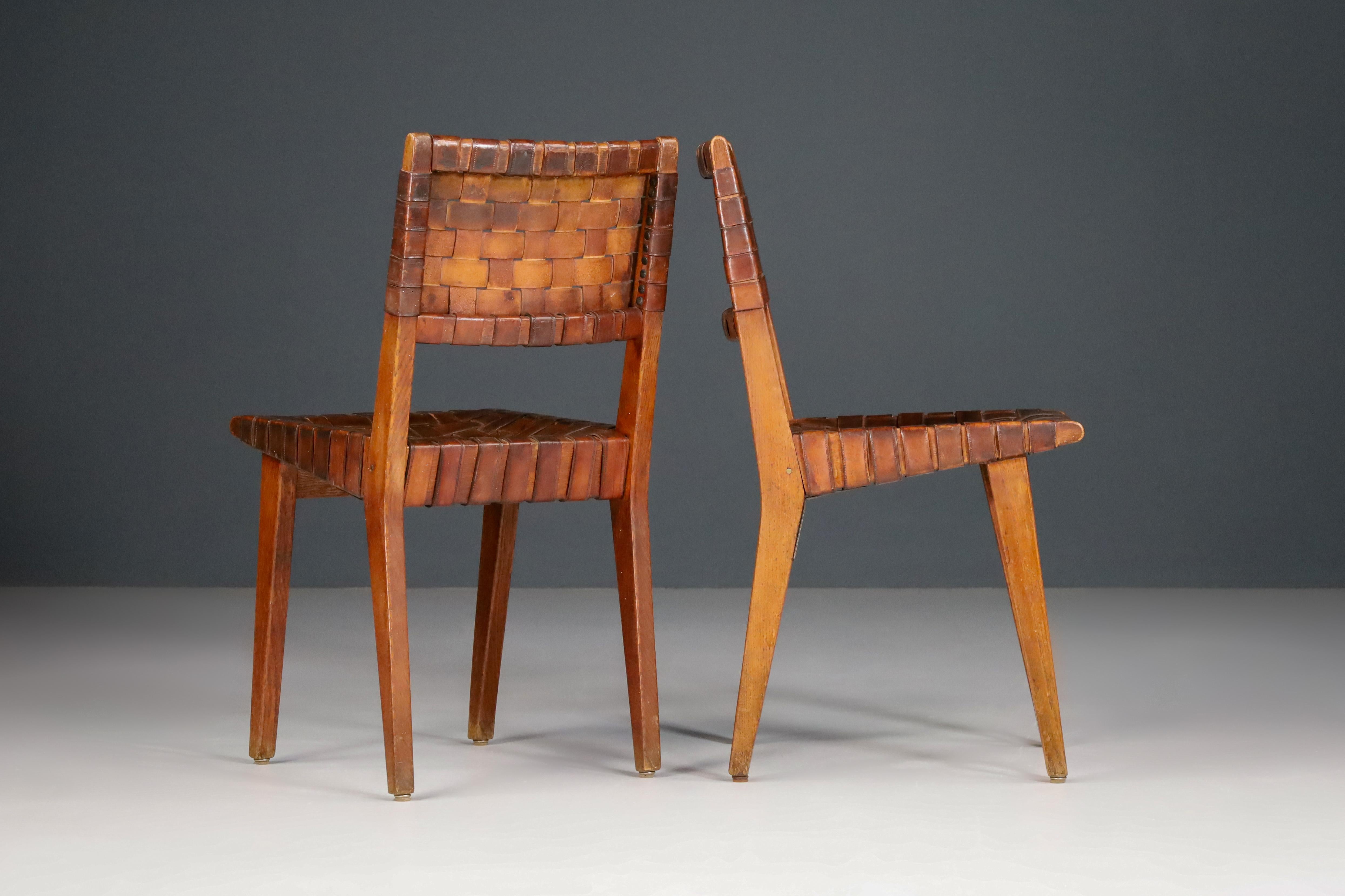 Early Woven Leather Side Chairs Model No. 666 by Jens Risom for Knoll, 1940s 1