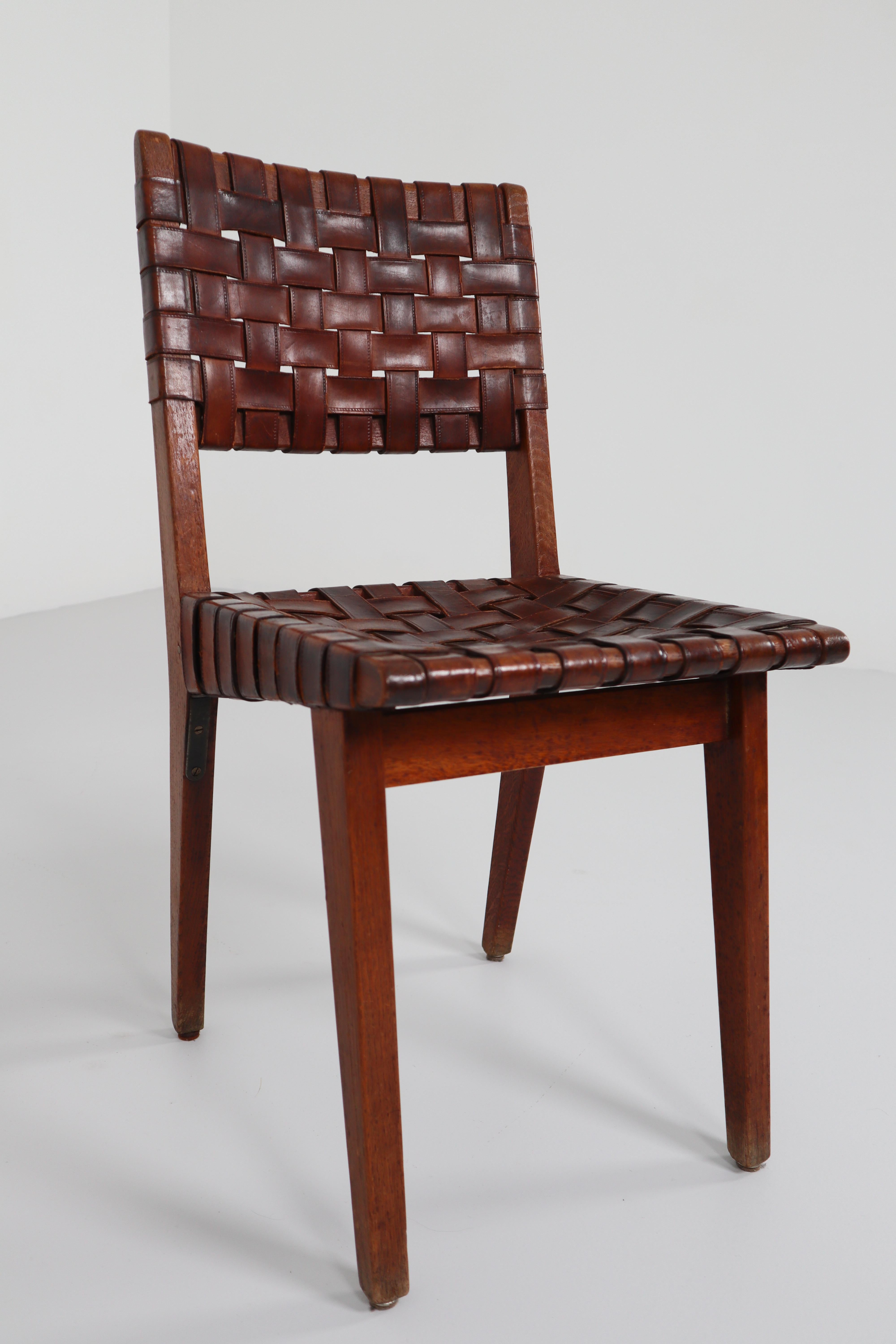 Early Woven Leather Side Chairs Model No. 666 by Jens Risom for Knoll, 1940s 1