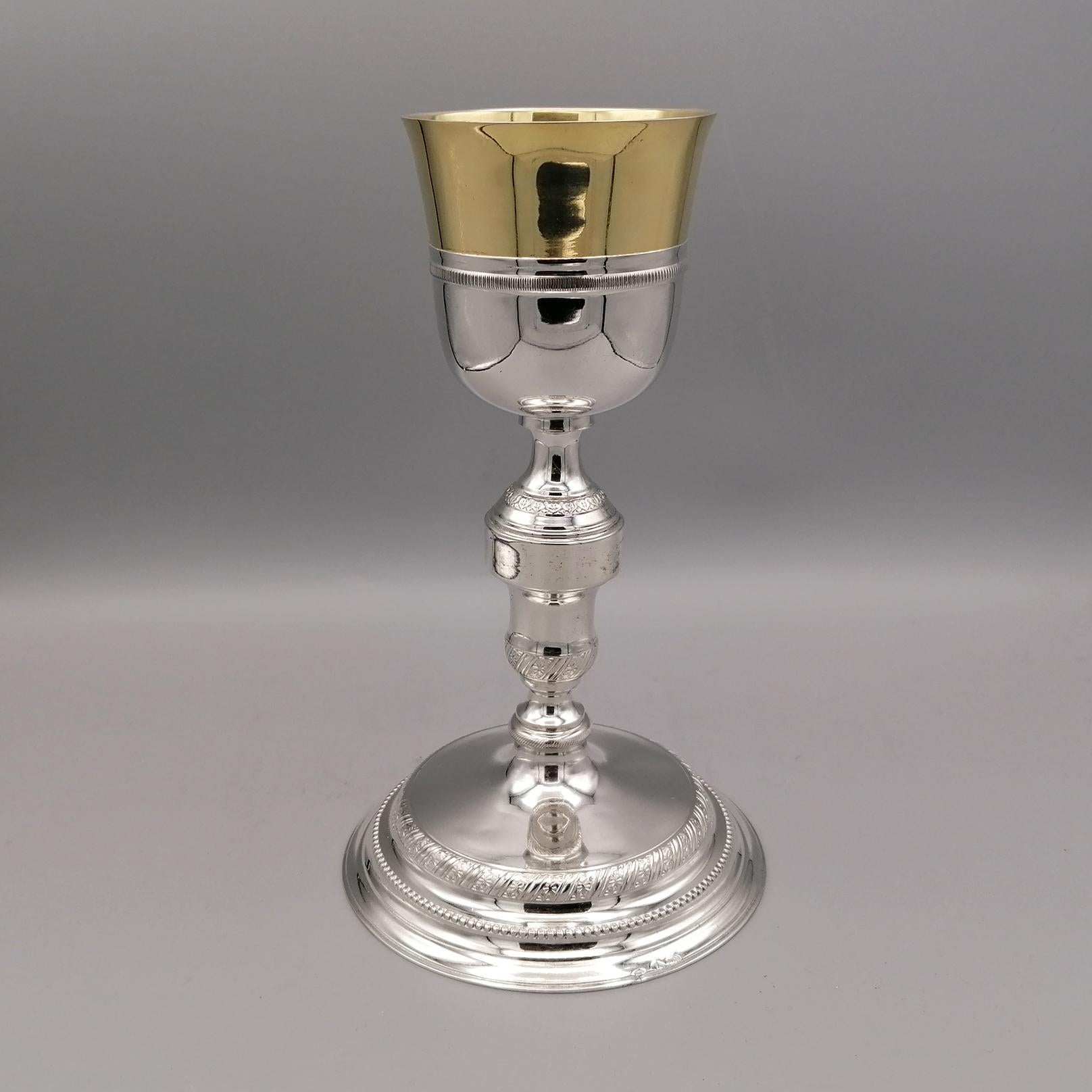 XIX ° Century Italian silver Liturgical Chalice.
The Chalice, smooth and very balanced in its shapes, is in Empire style and is characterized by the classic palmette design on the stem that identifies its style.
Made in Italy in Turin, the chalice