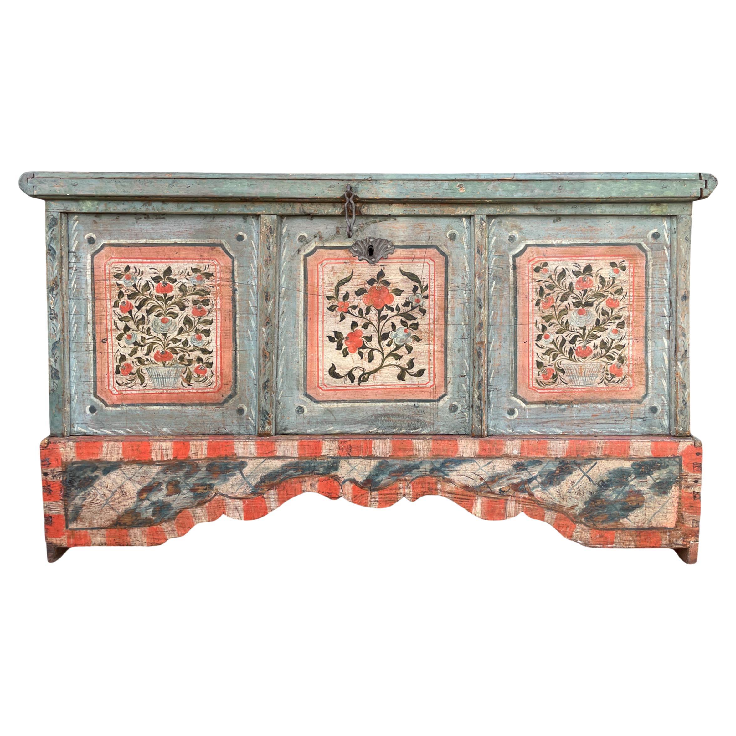 Early XIX Light Blue Floral Painted Alpine Chest