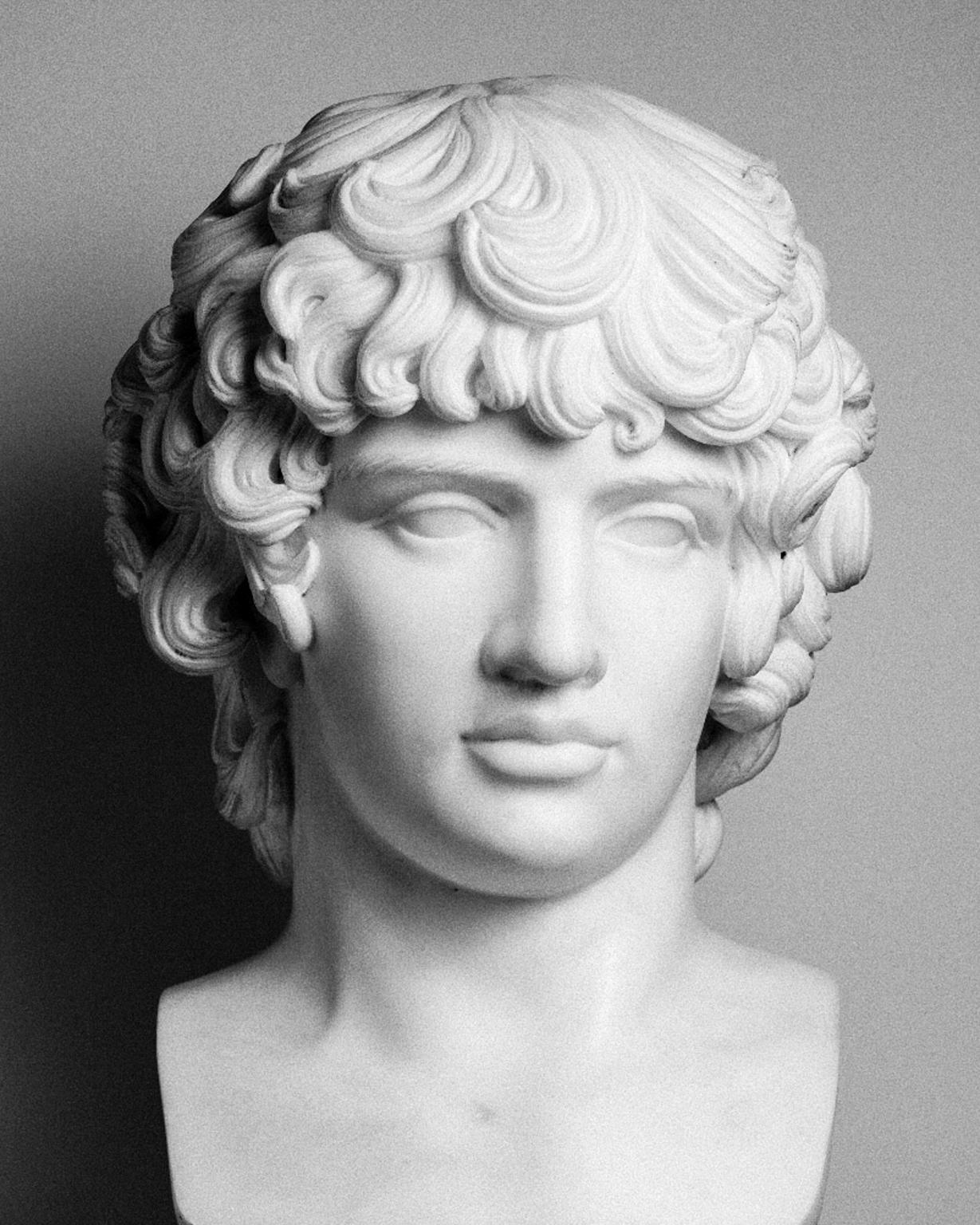 Neoclassical sculpture from the beginning of the 19th century
Portrait of Antinous from the antique.

Carrara marble; base red Levanto marble 
State of conservation: excellent 

Measures: 20.47 in x 9.44 in x 9.84 in
52 cm x 24 cm x 25