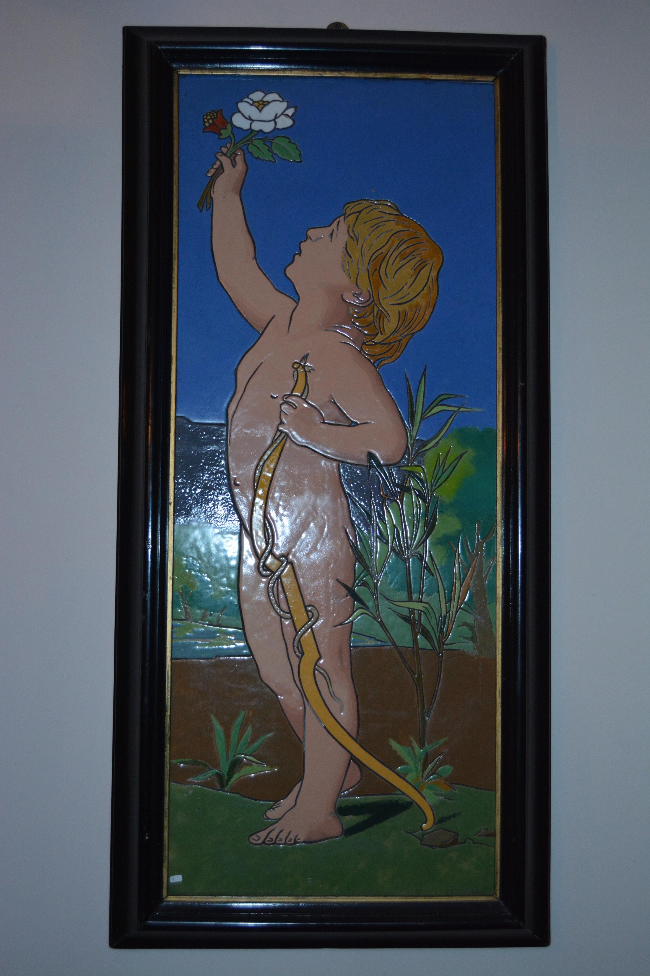 Rectangular enameled on carved terracotta panel decorated with cupid offering a rose.
This panel coming from northern France has been made in a Longwy area style.
Original frame.
The panel has e very good work of restore made years