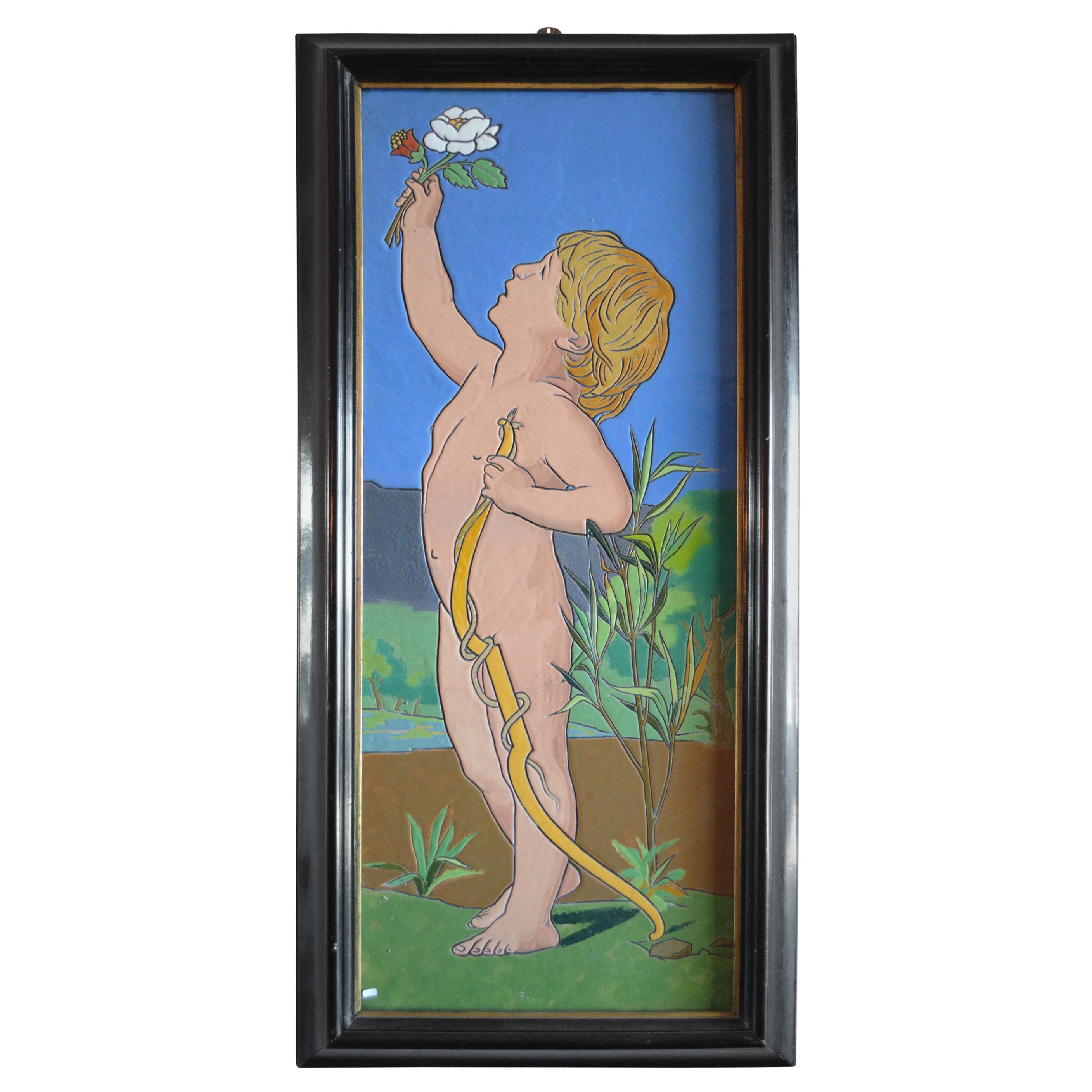 Early 20th Century Enamelled Terracotta with Cupid Decoration Panel For Sale