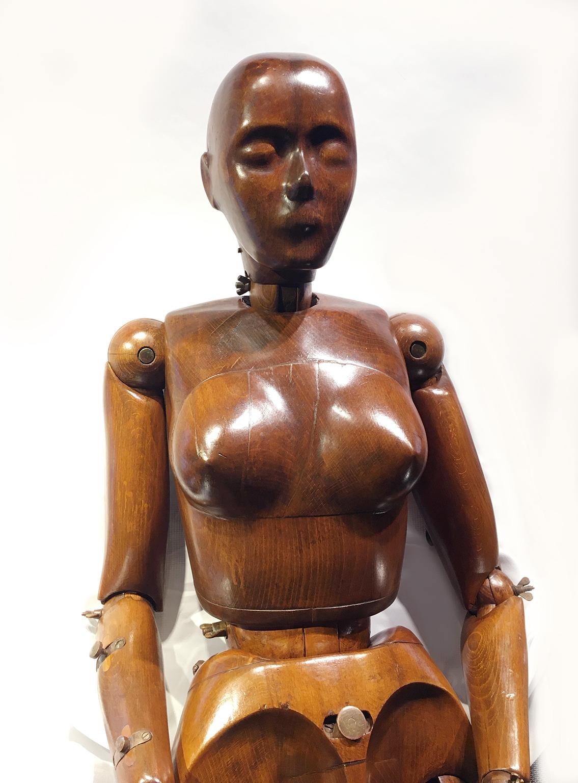 Life-size Female Atelier Mannequin
Sculpted and carved beechwood
France, early 20th century

It measures: H 70.07 in x 14.96 x 9.84 in (178 x 38 x 25 cm)
61.72 lb (28 kg)

State of conservation: almost perfect, few slight signs of