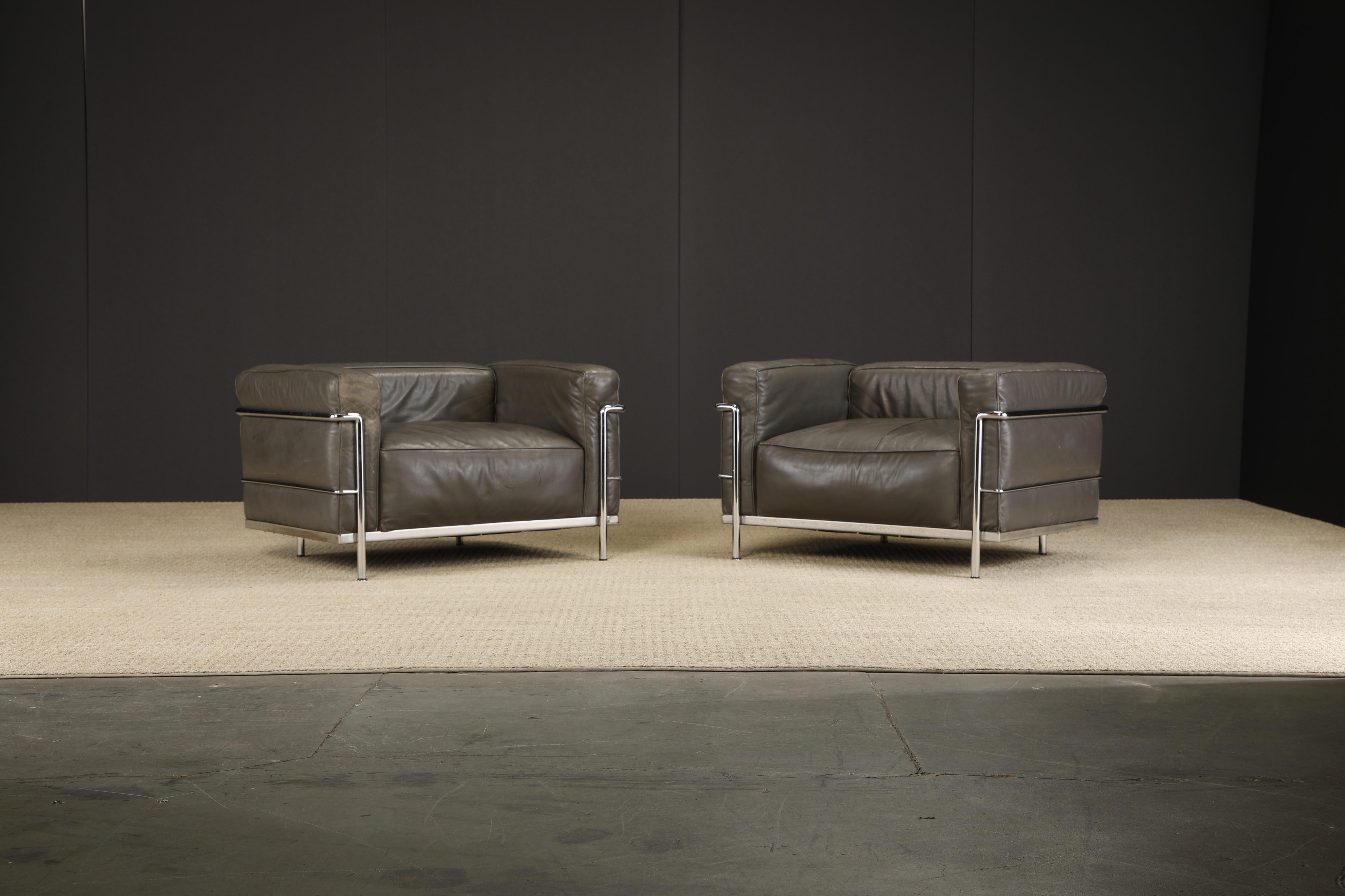 Italian Early Year Grey Leather 'LC3' Club Chairs by Le Corbusier for Cassina, Signed For Sale