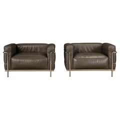 Early Year Grey Leather 'LC3' Club Chairs by Le Corbusier for Cassina, Signed