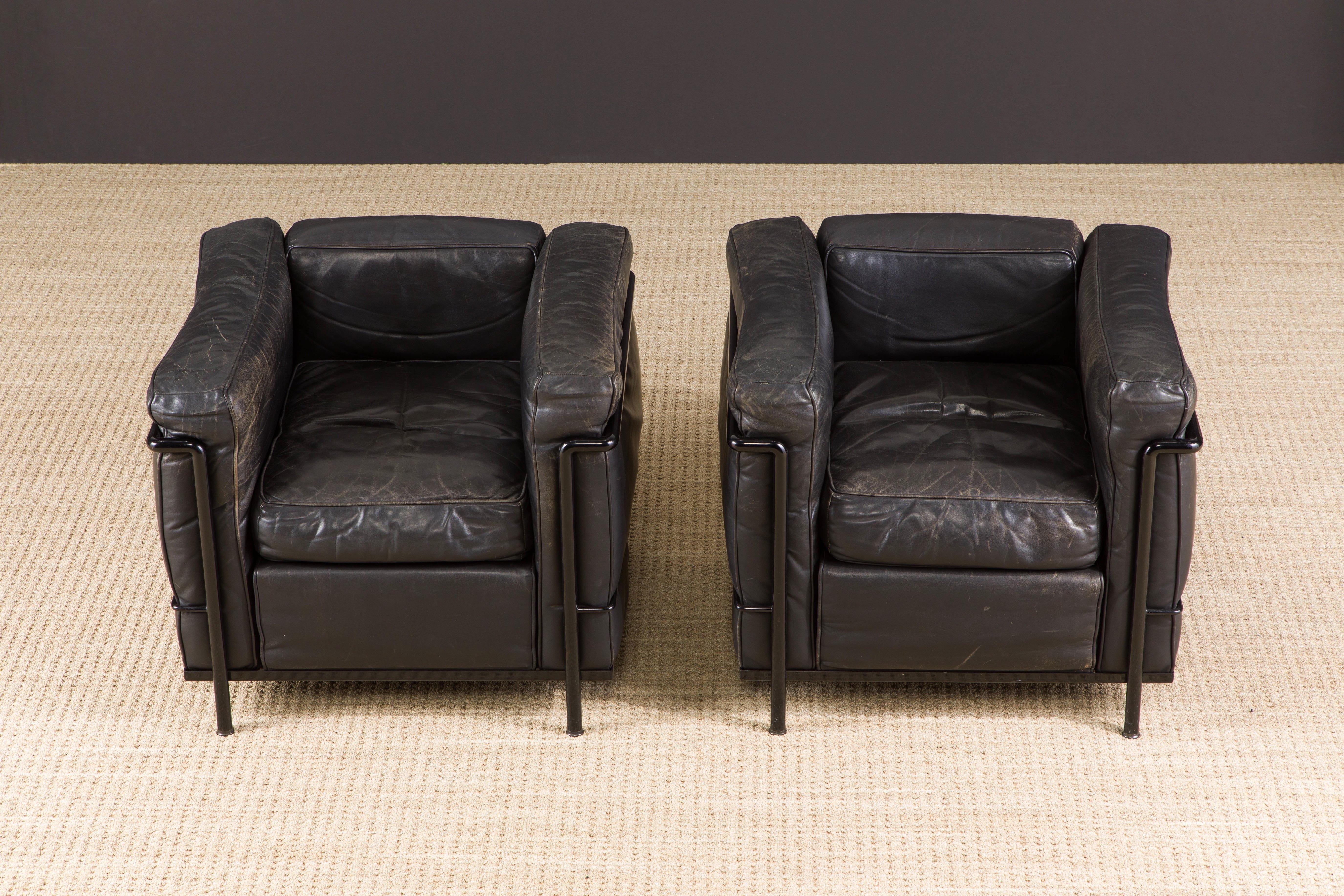 Late 20th Century Early Year 'LC2' Black Leather Club Chairs by Le Corbusier for Cassina, Signed