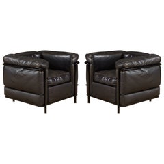 Early Year 'LC2' Black Leather Club Chairs by Le Corbusier for Cassina, Signed