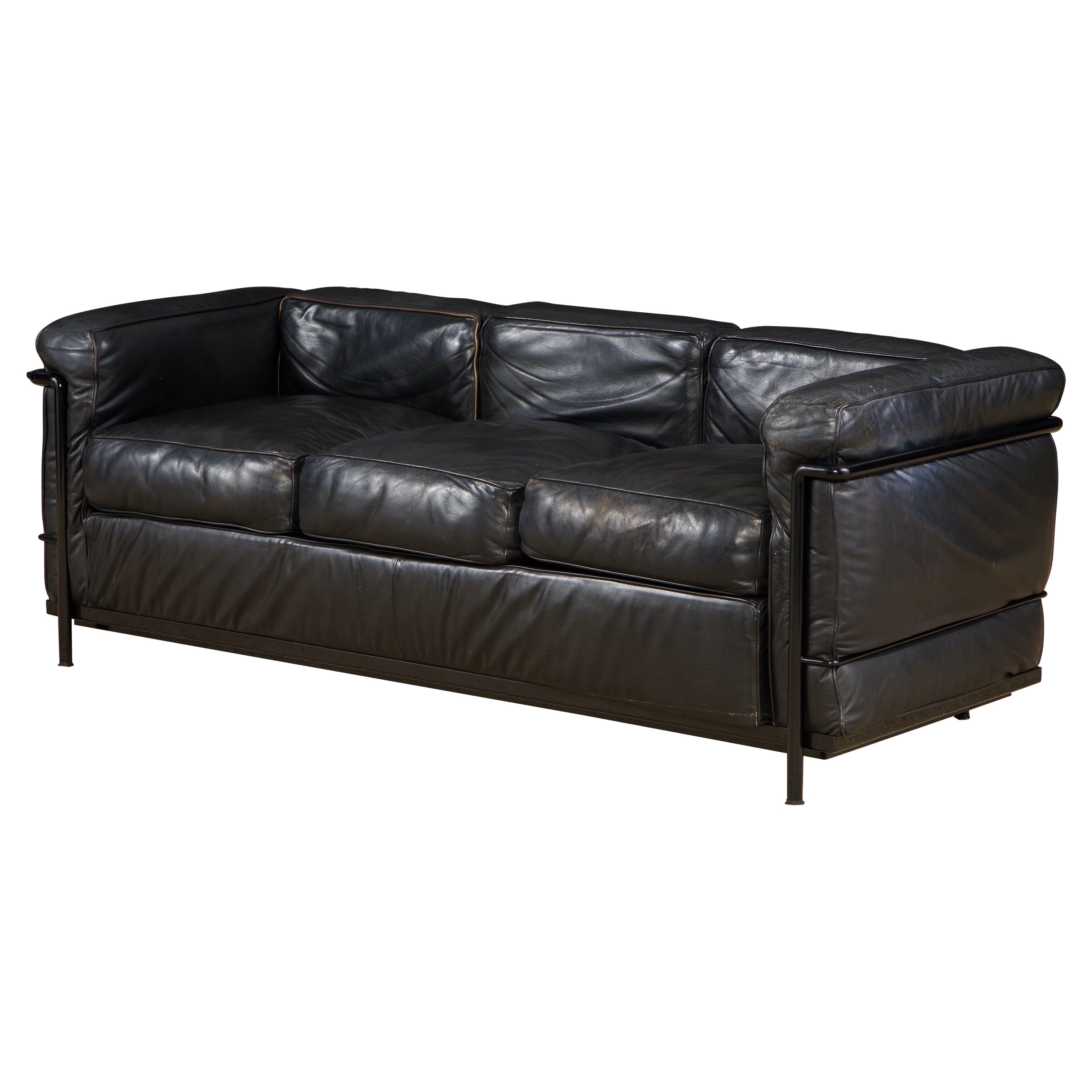 Early Year LC2 Black Leather Three-Seat Sofa by Le Corbusier for Cassina, Signed