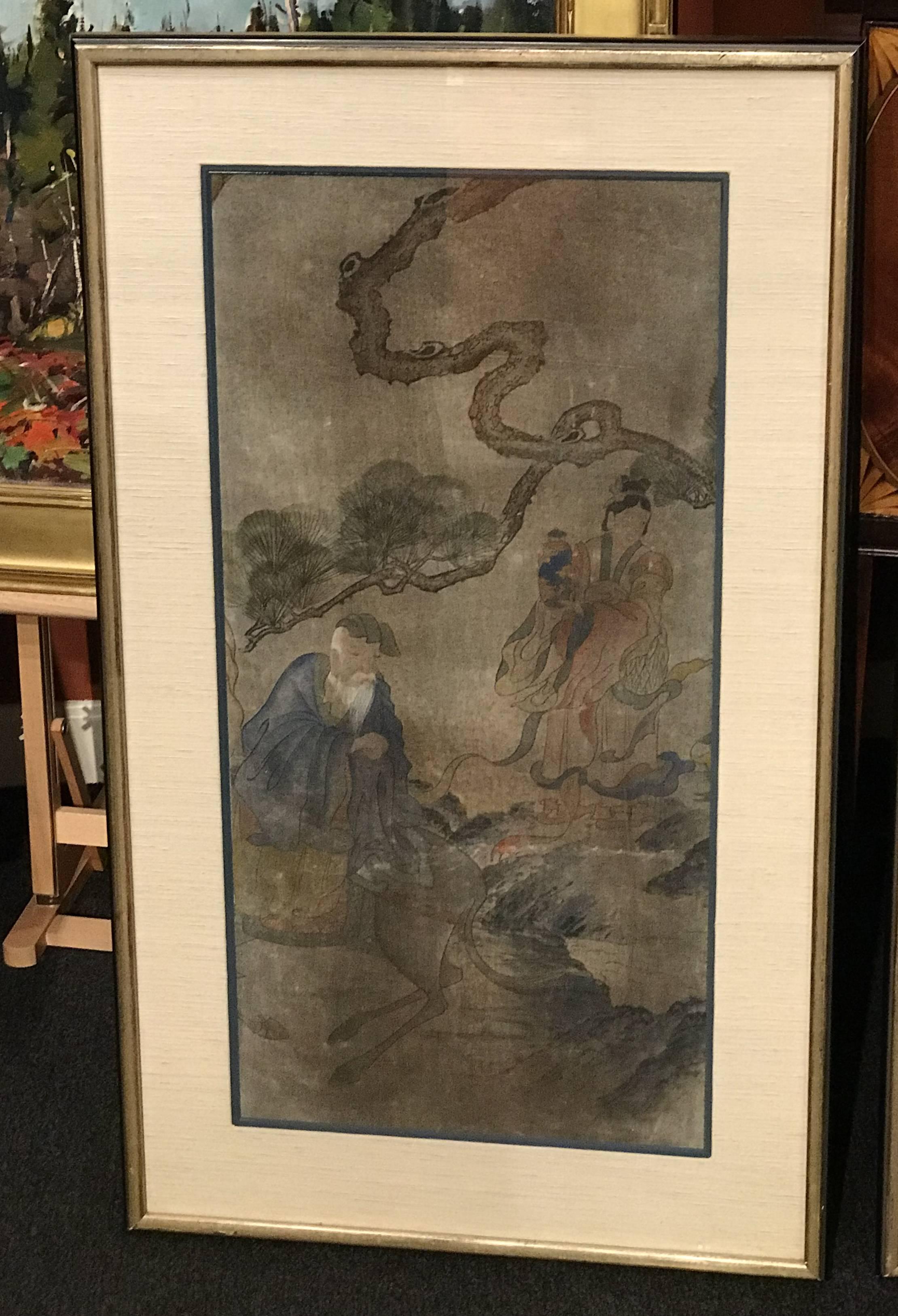 A fine hand-painted three-panel triptych on fabric, possibly silk, featuring folklore scenes with figures, horses, and landscapes from the Yi dynasty of Korea, probably dating to the 19th century. matted in linen mats with a gray highlight, under