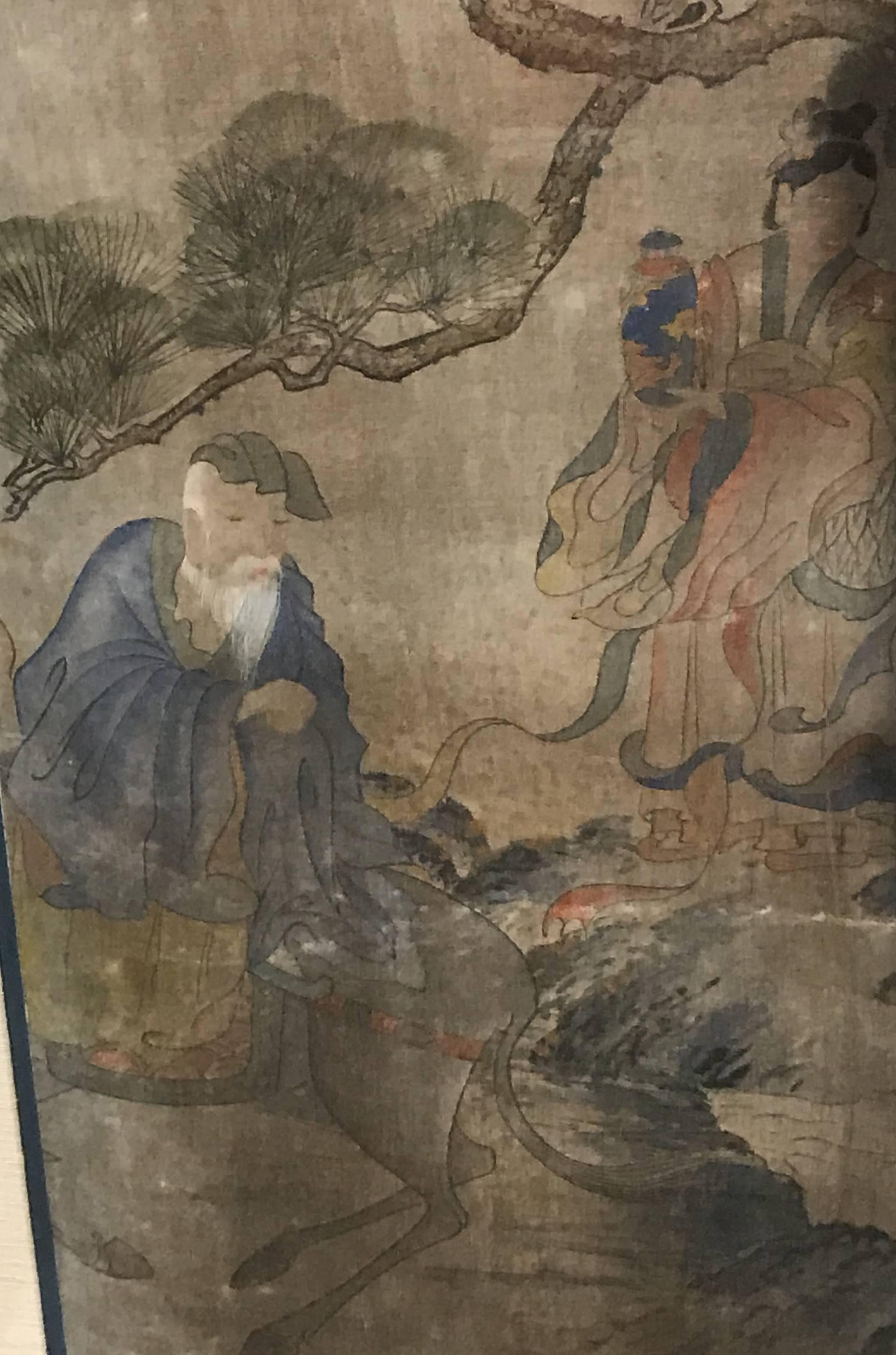 Hand-Painted Early Yi Dynasty Korean Painted Triptych on Silk with Folklore Figures