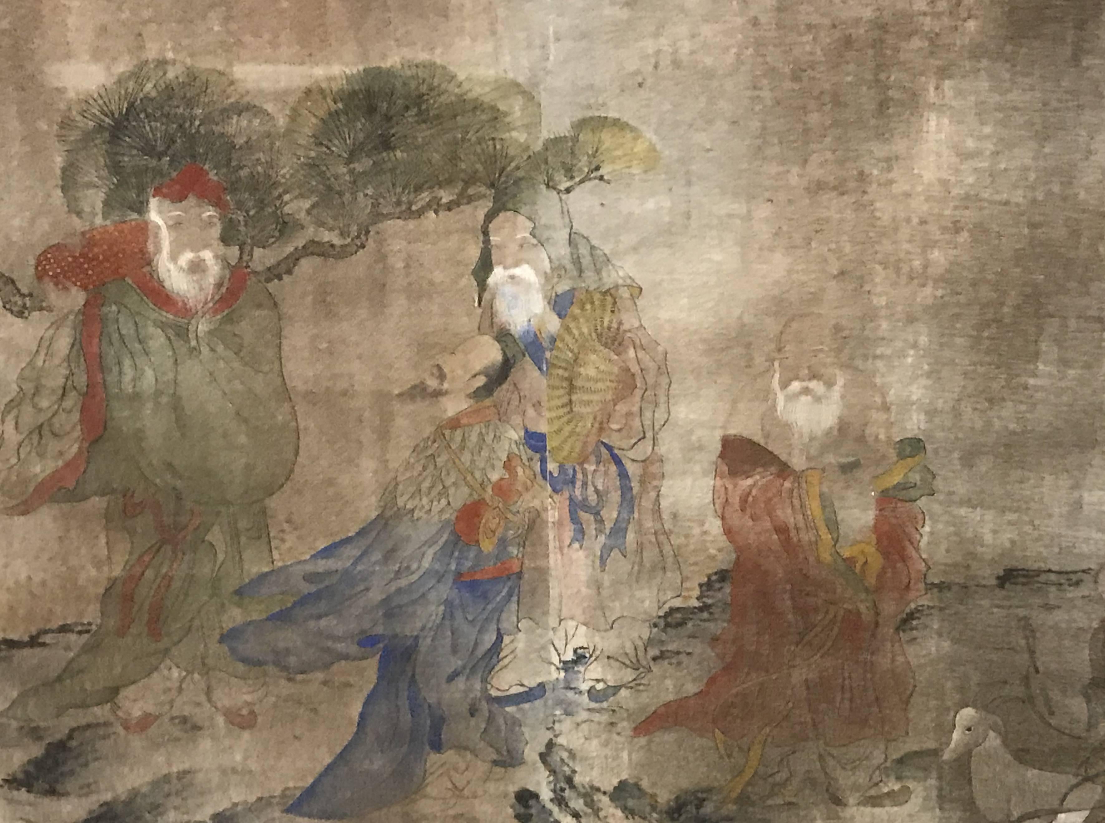 Early Yi Dynasty Korean Painted Triptych on Silk with Folklore Figures In Good Condition For Sale In Milford, NH