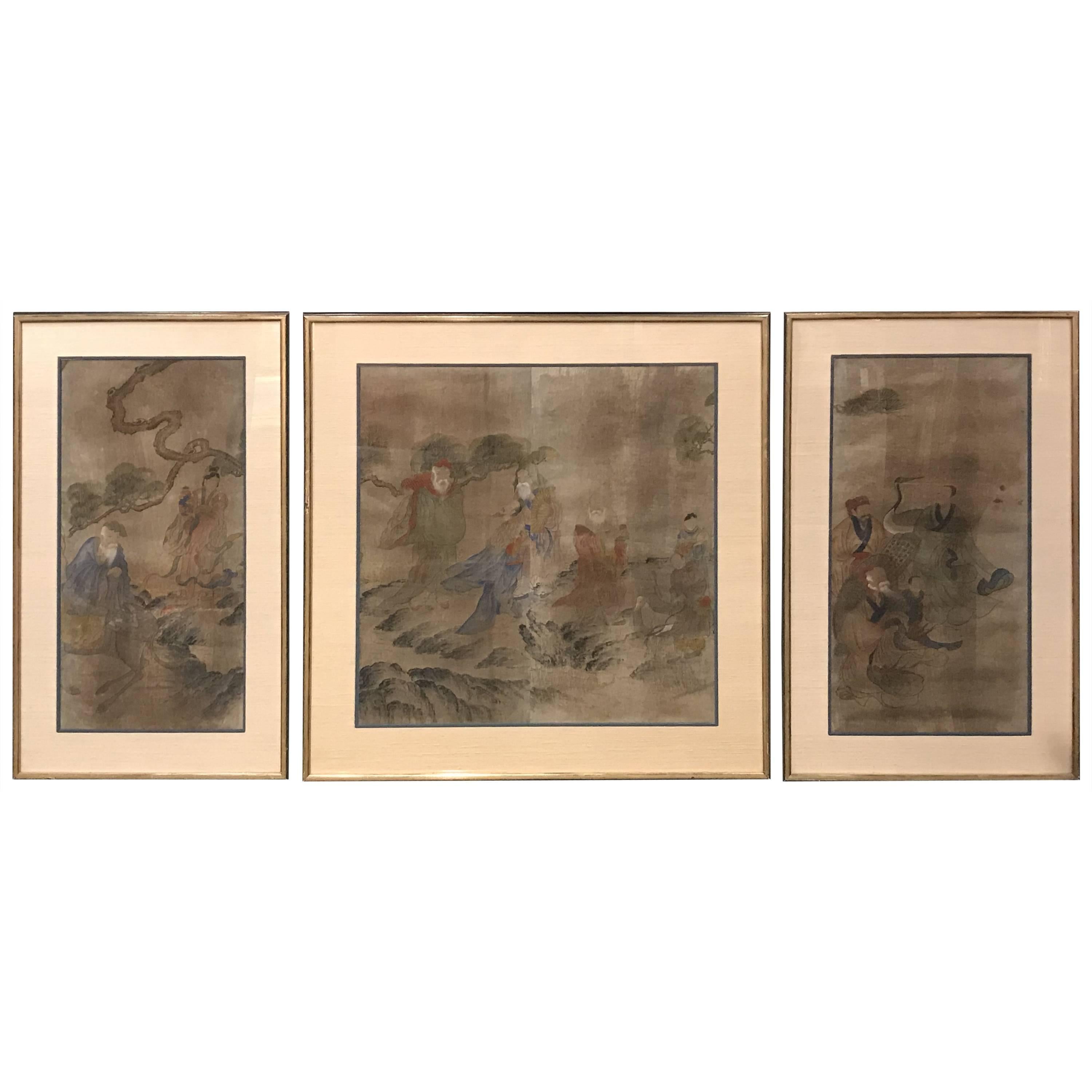Early Yi Dynasty Korean Painted Triptych on Silk with Folklore Figures