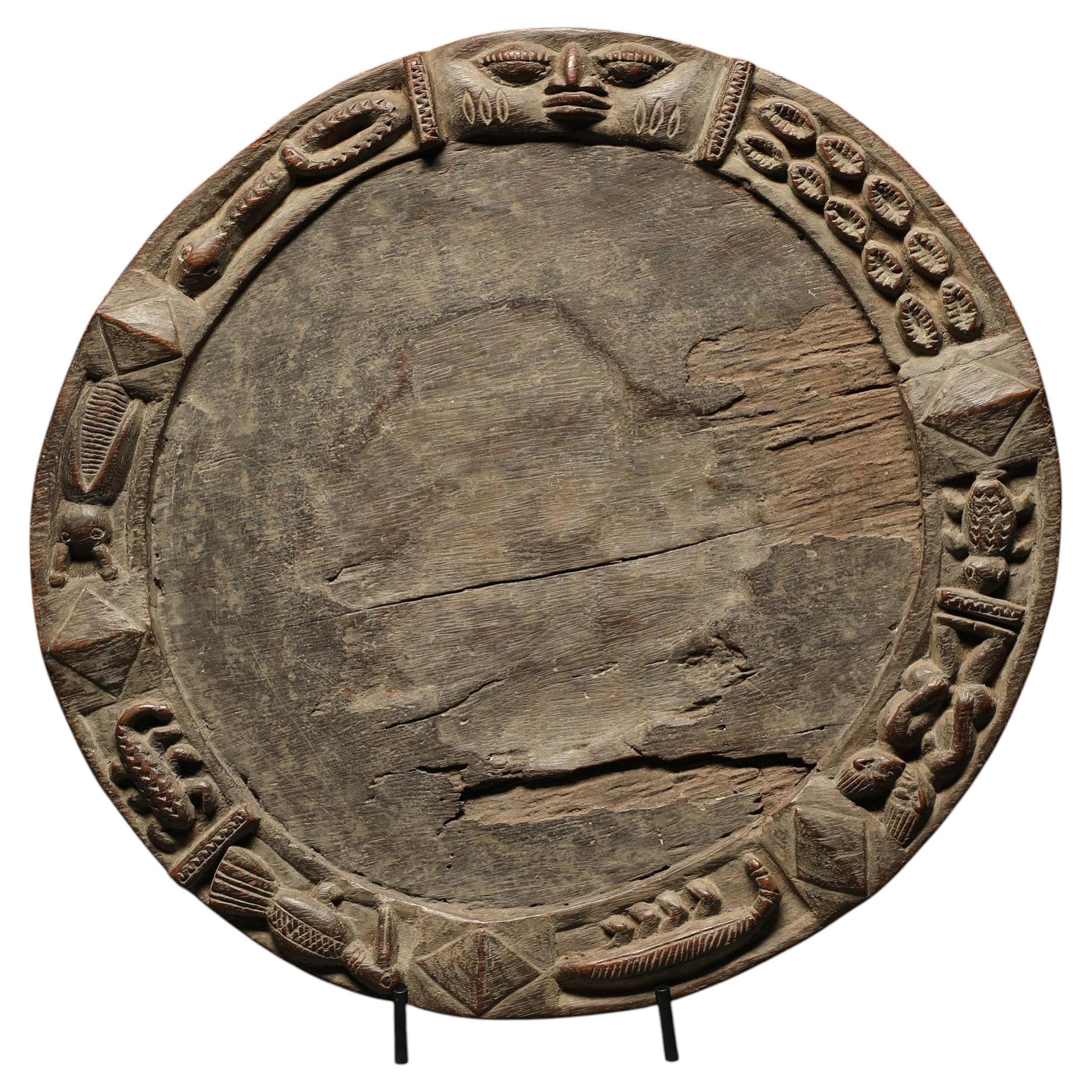 Used Yoruba Circular Wood Divination Board Face & Figures, Early 20th C round