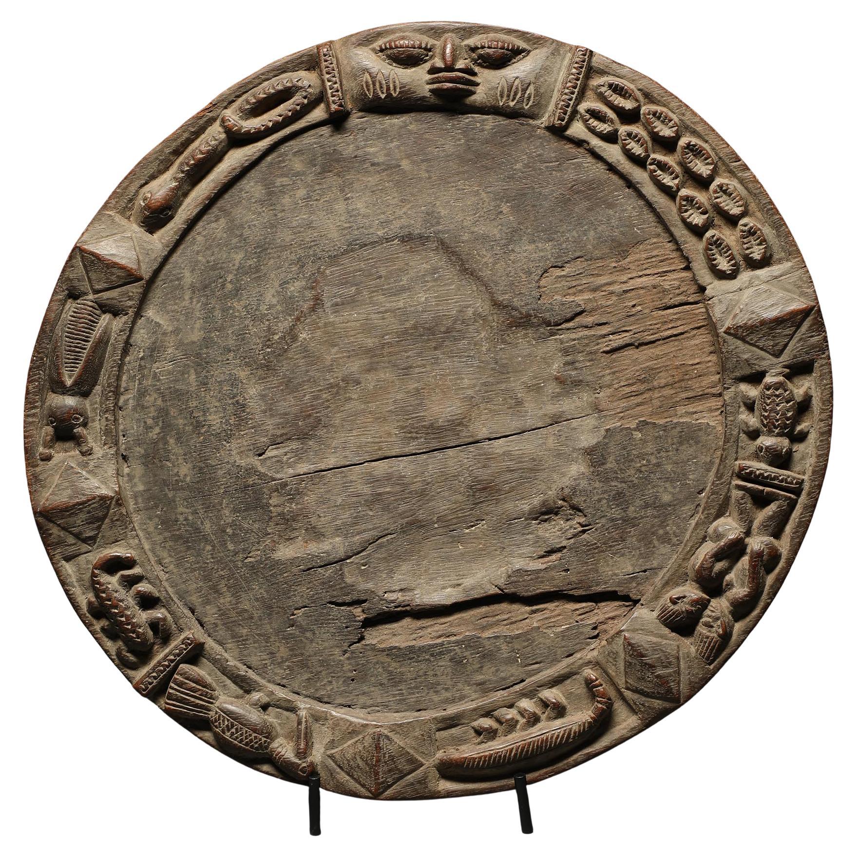 Early Yoruba Wood Circular Divination Board Face & Figures, Early 20th C round