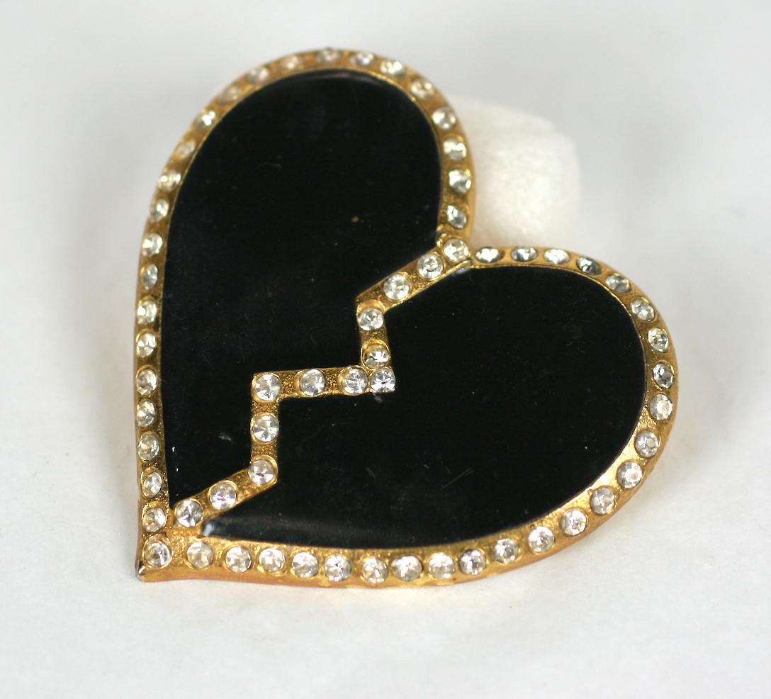 Early and Iconic Yves Saint Laurent Heart(break) Brooch of gilt metal, black enamel with broken pave 