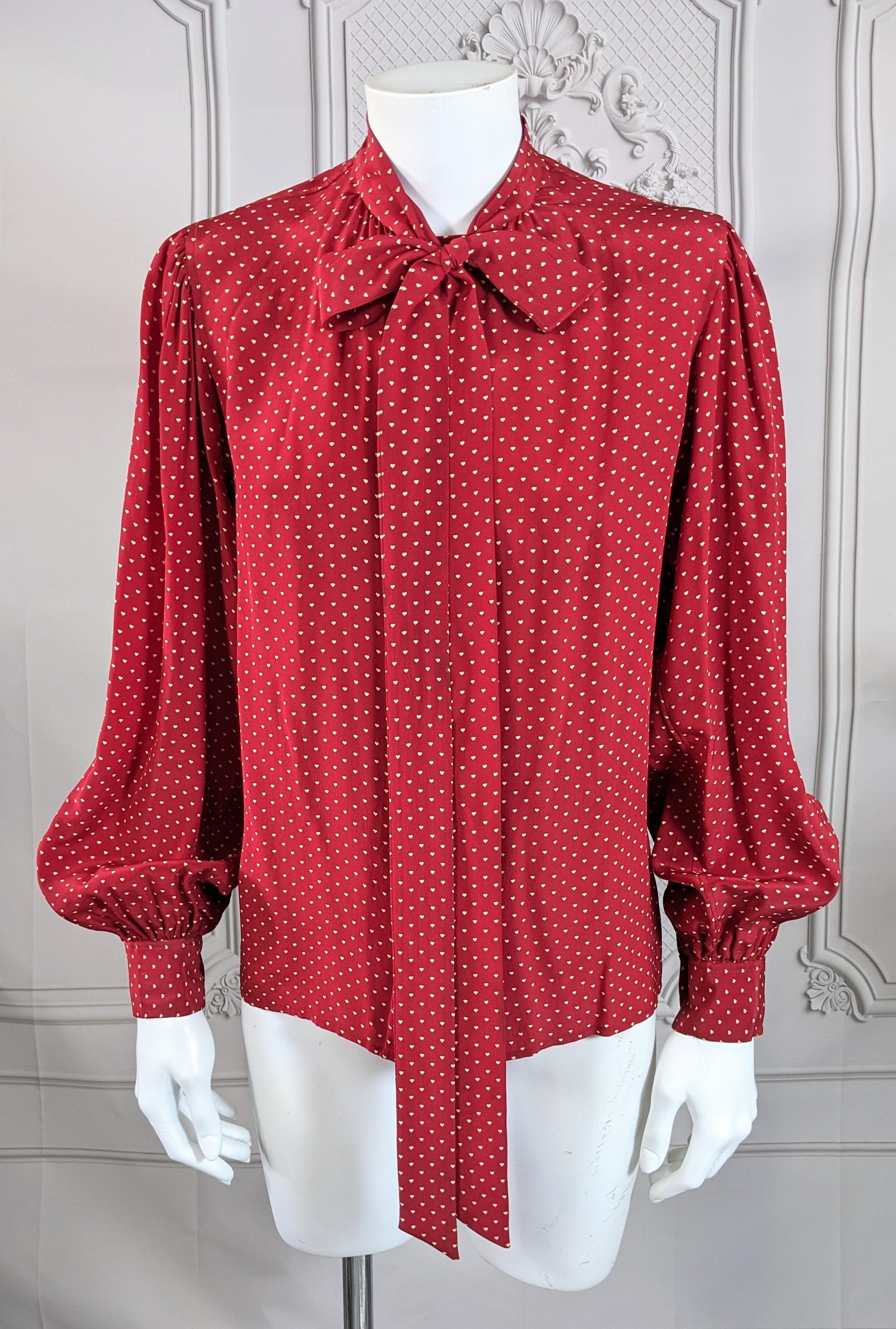 Early Yves Saint Laurent Heart Print Bow Blouse For Sale 5