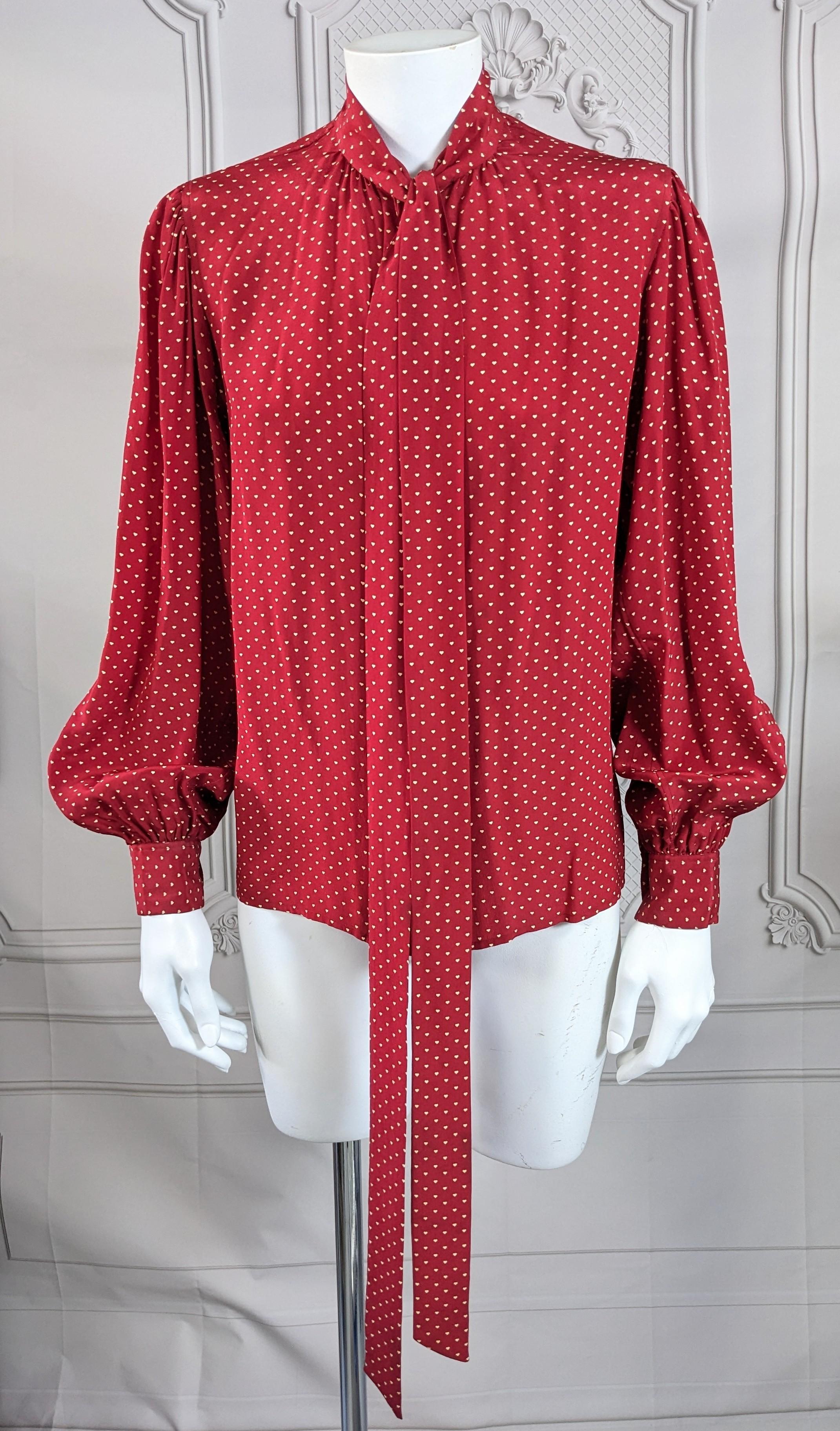 Red Early Yves Saint Laurent Heart Print Bow Blouse For Sale